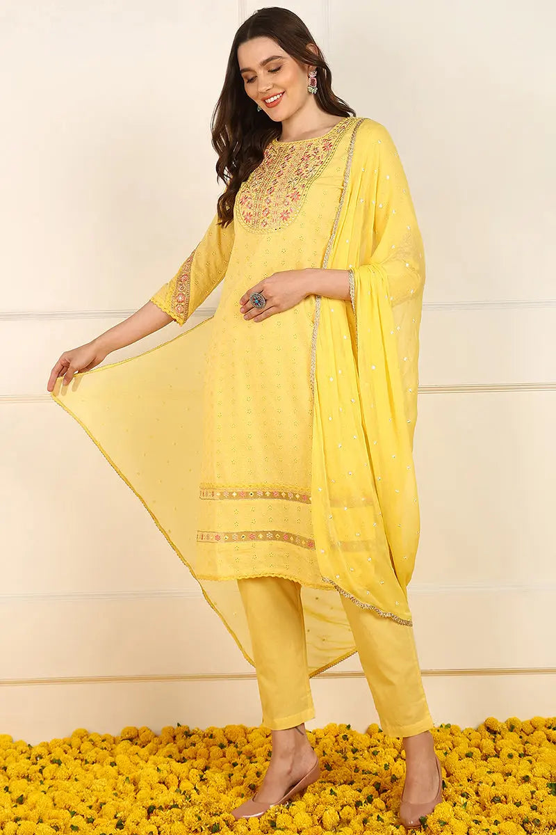 Ahika Yellow Cotton Embroidered Straight Suit Set JPSKD1052YLW