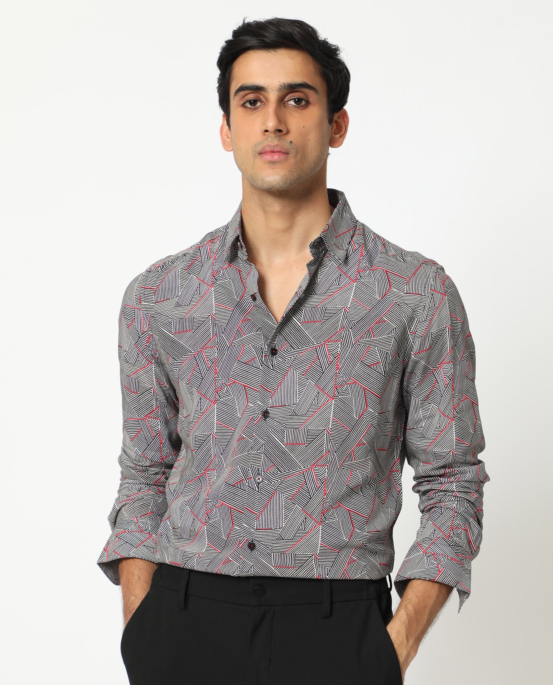 Rare Rabbit Men's Shell Black Viscose Fabric Geometric Print Full Sleeves Shirt