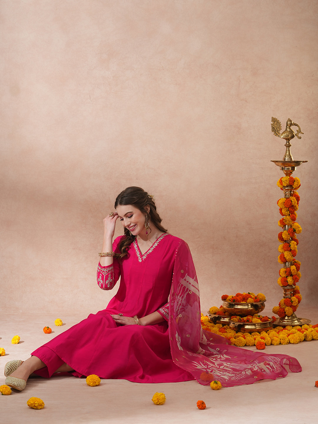 FASHOR Solid Floral Zari Embroidered Anarkali Kurta with Pant & Tissue Dupatta - Pink