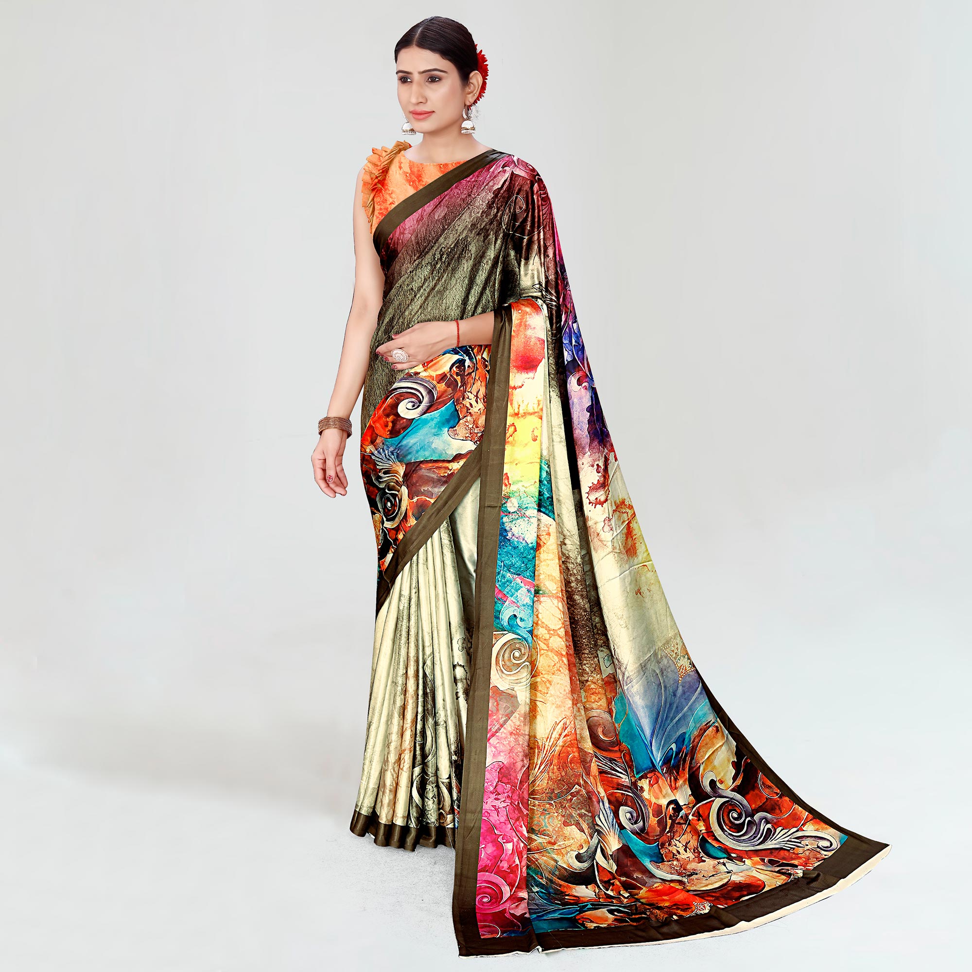 Peachmode Multicolor Digital Printed Satin Saree