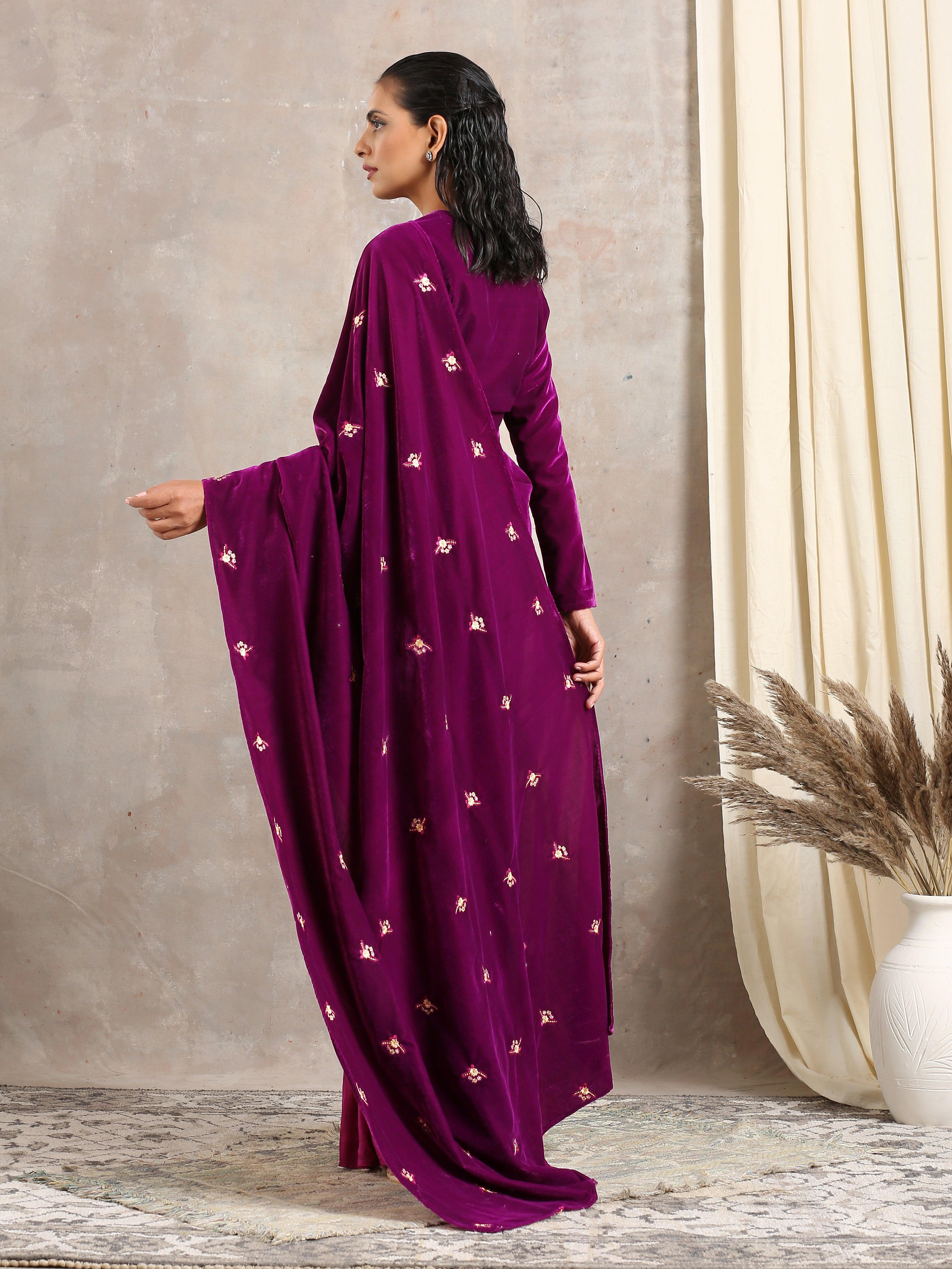 trueBrowns Wine Velvet Silk Embroidered Ready To Wear Saree - view 2