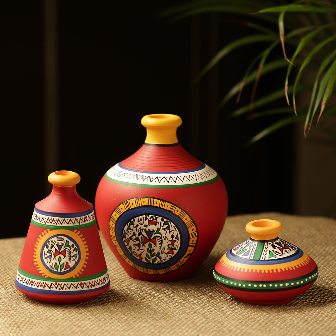 EXCLUSIVELANE 'Warli Red Matkis' Handpainted Terracotta Vases (Set of 3) - view 9