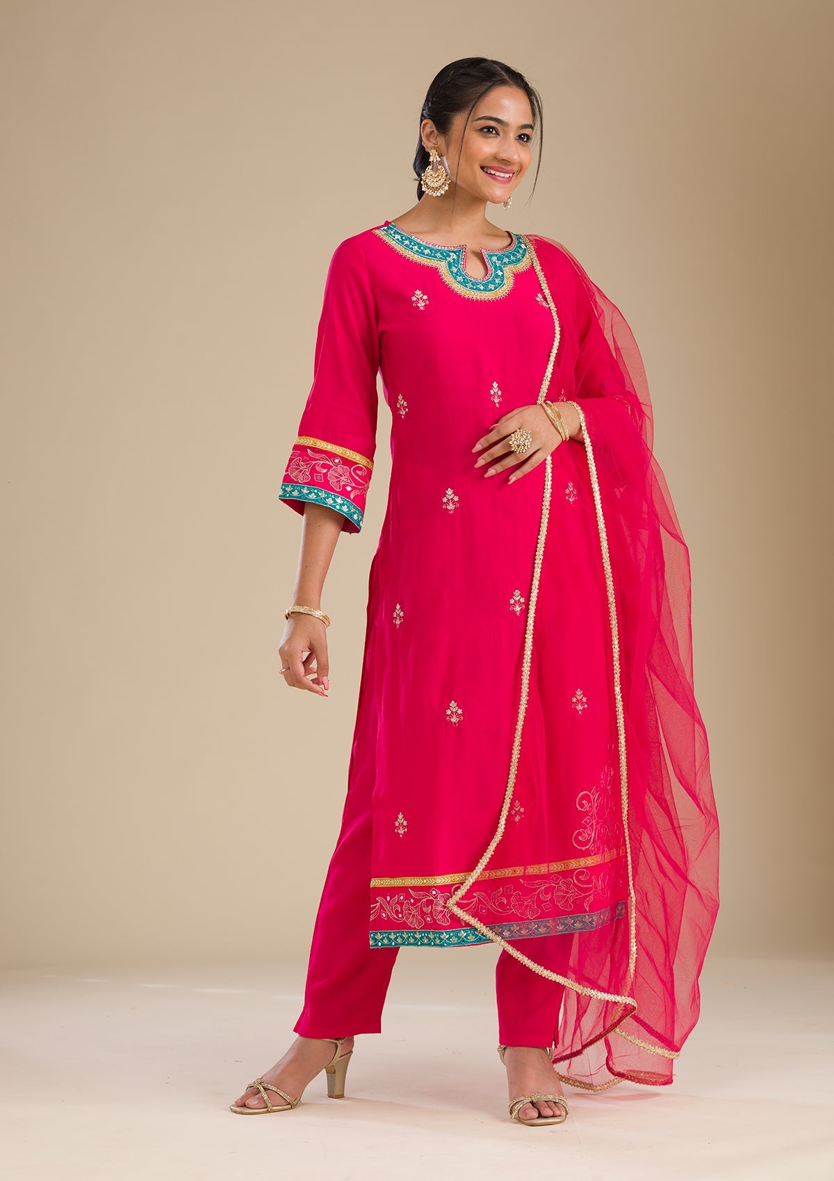 Koskii Rani Pink Zariwork Chiffon Readymade Salwar Suit