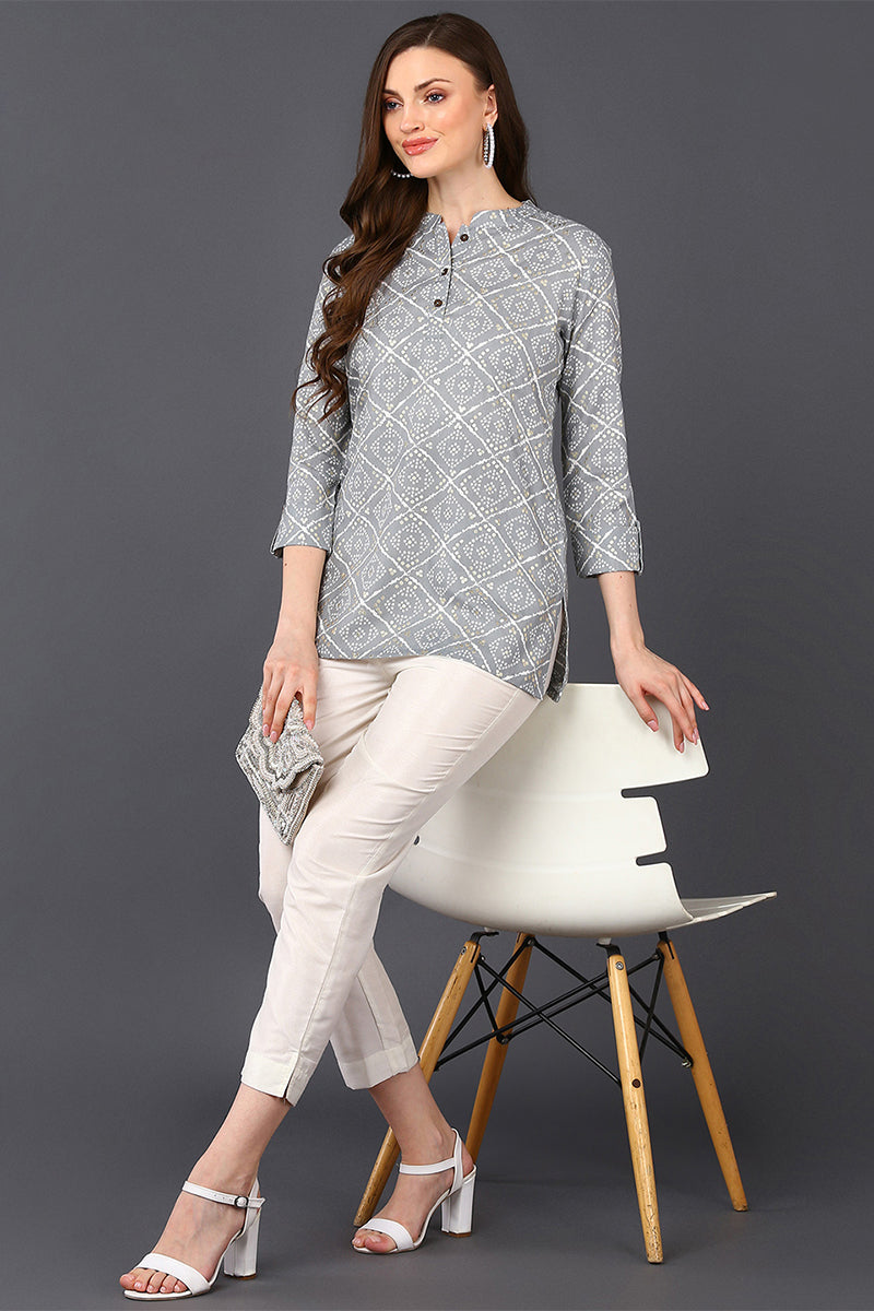Ahika Grey Cotton Blend Bandhani Printed Straight Tunic VT1234