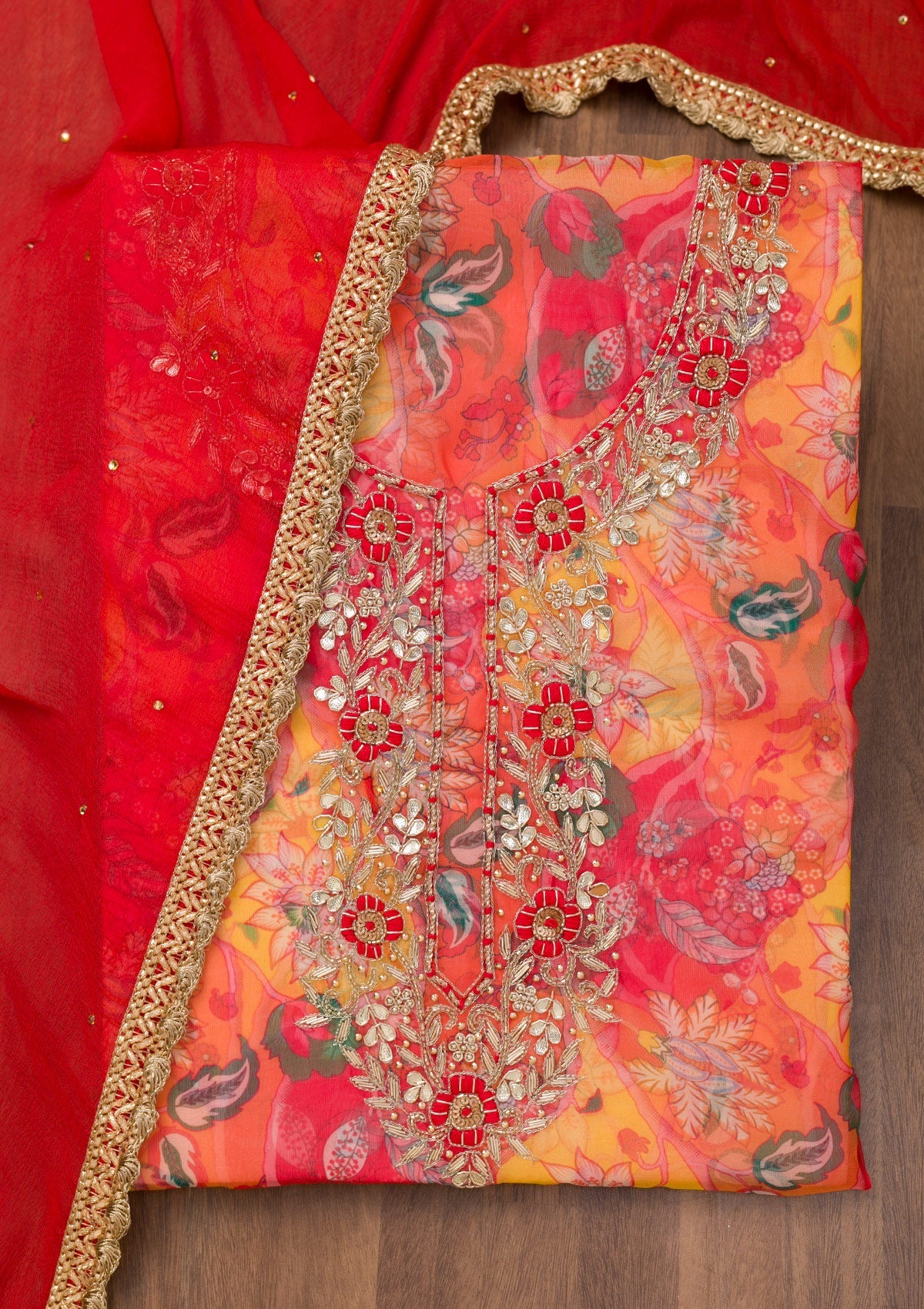Koskii Yellow Zariwork Organza Unstitched Salwar Suit - view 6