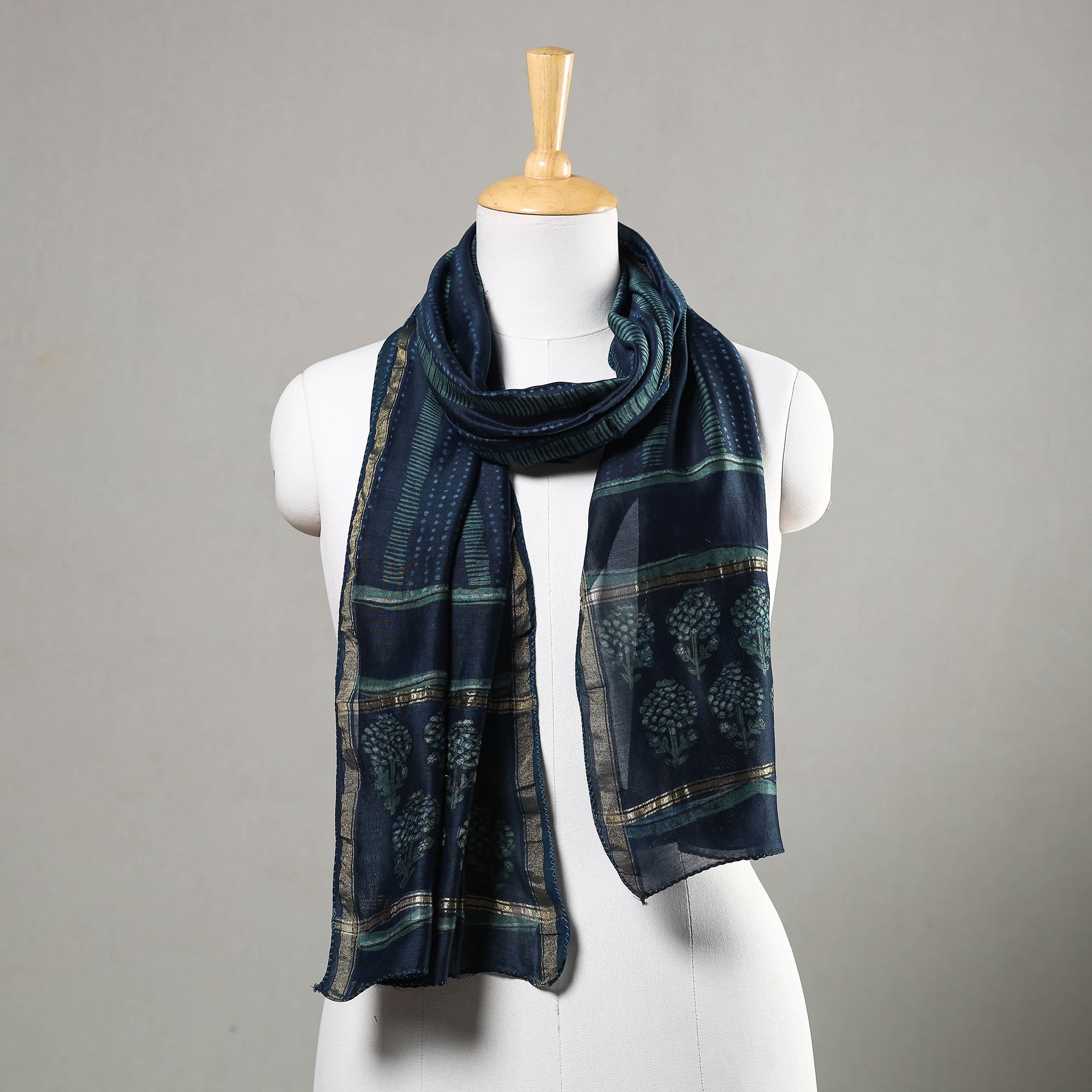 HAVELI CHRONICLES Blue - Akola Block Printed Chanderi Silk Handloom Stole with Zari Border
