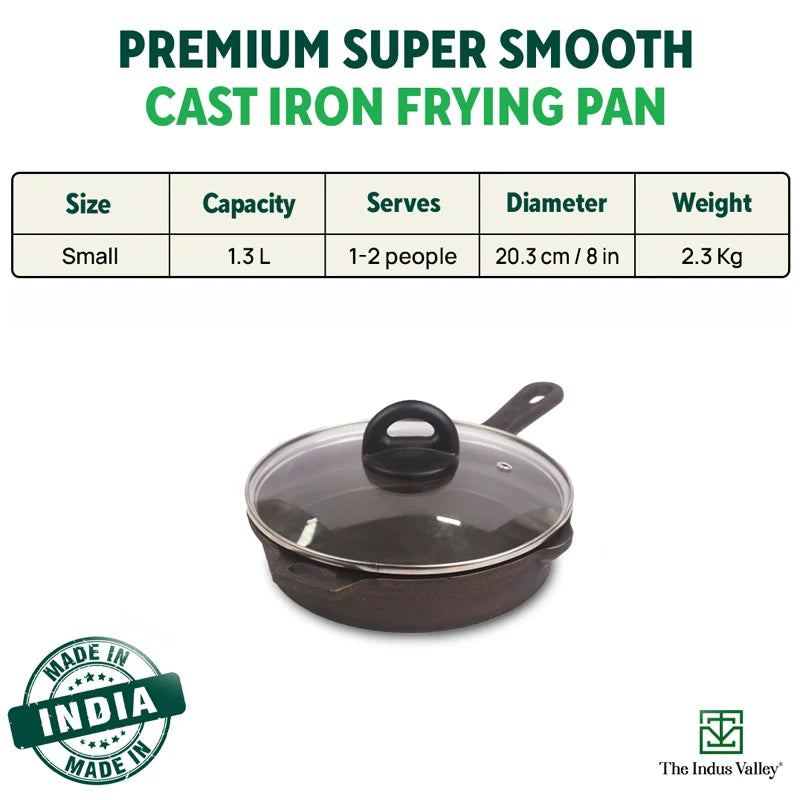 The Indus Valley Super Smooth Cast Iron Fry Pan, Glass Lid, 100% Pure, Toxin-free, Pre-seasoned, Induction, Non-stick, 20.3/25.4cm, 1.3/1.7L, 2.3/2.4k - view 3
