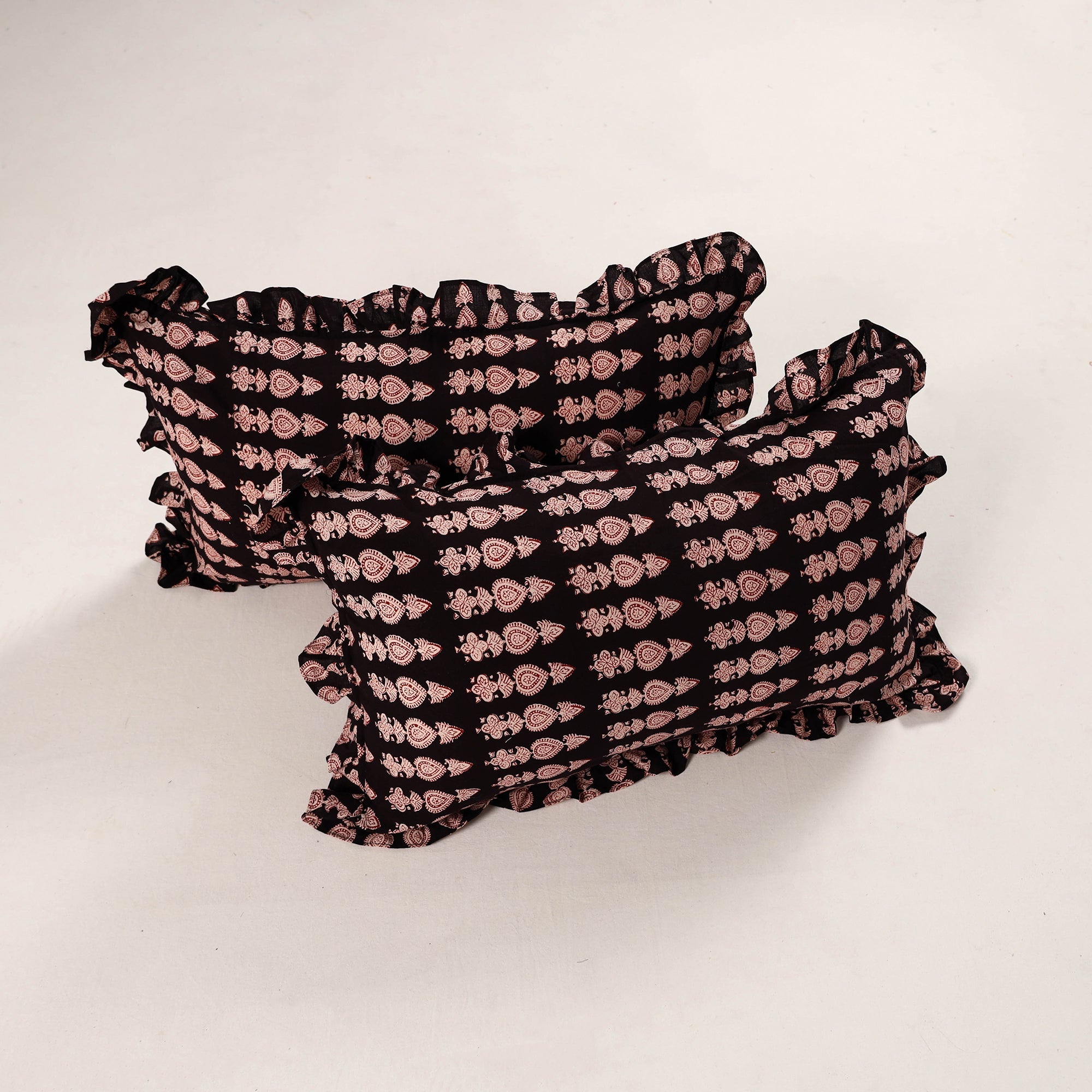 NOORI BAZAR Black - Set of 2 Bagh Block Print Cotton Frill Pillow Covers 48