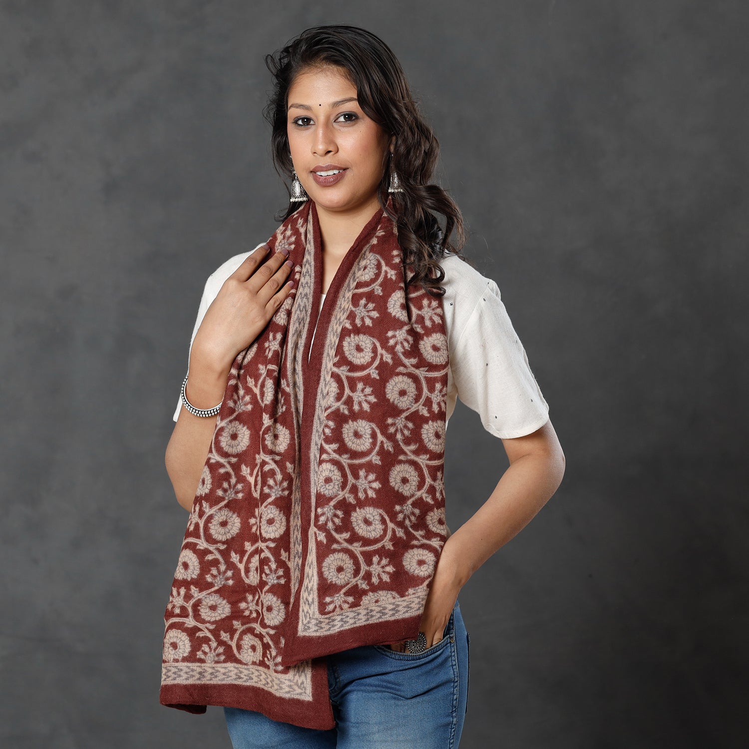 BAGH PRINTS BY MOHAMMED BILAL KHATRI Brown - Bagh Block Printed Natural Dyed Woolen Muffler (61 in)