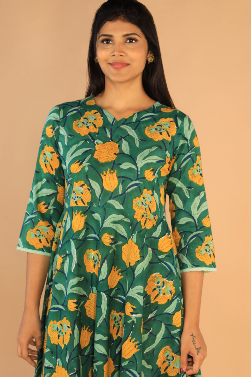 Kalanjali Ethnics Floral Sanganeri hand block printed cotton dress - view 2