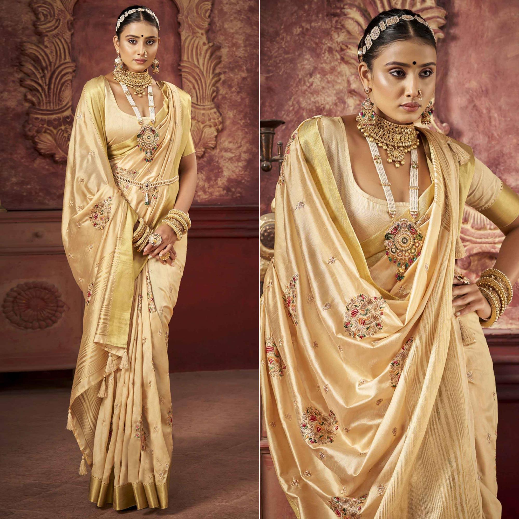Peachmode Cream Woven-Embroidered Raw Silk Saree With Tassels