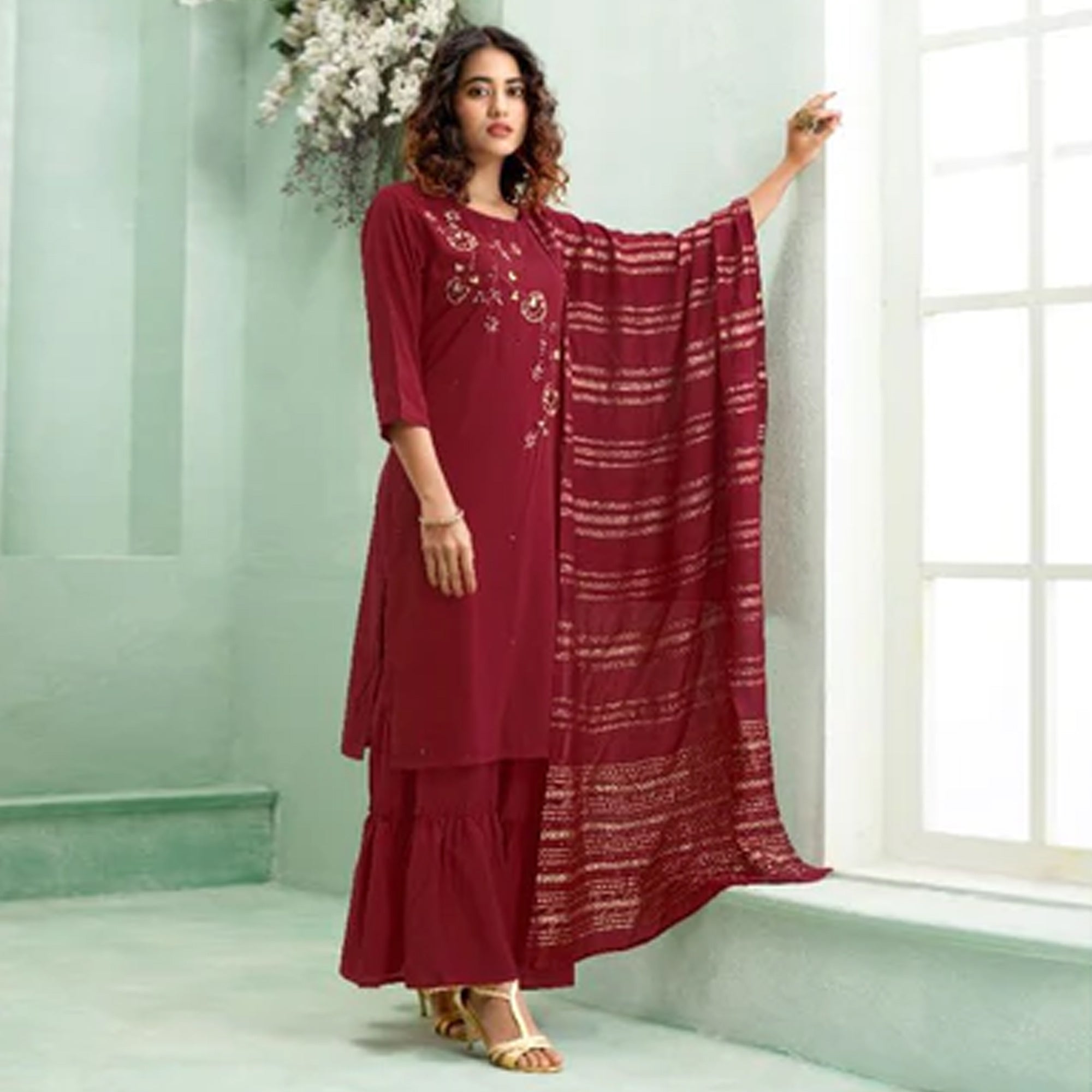 Peachmode Maroon Floral Handwork Muslin Sharara Suit