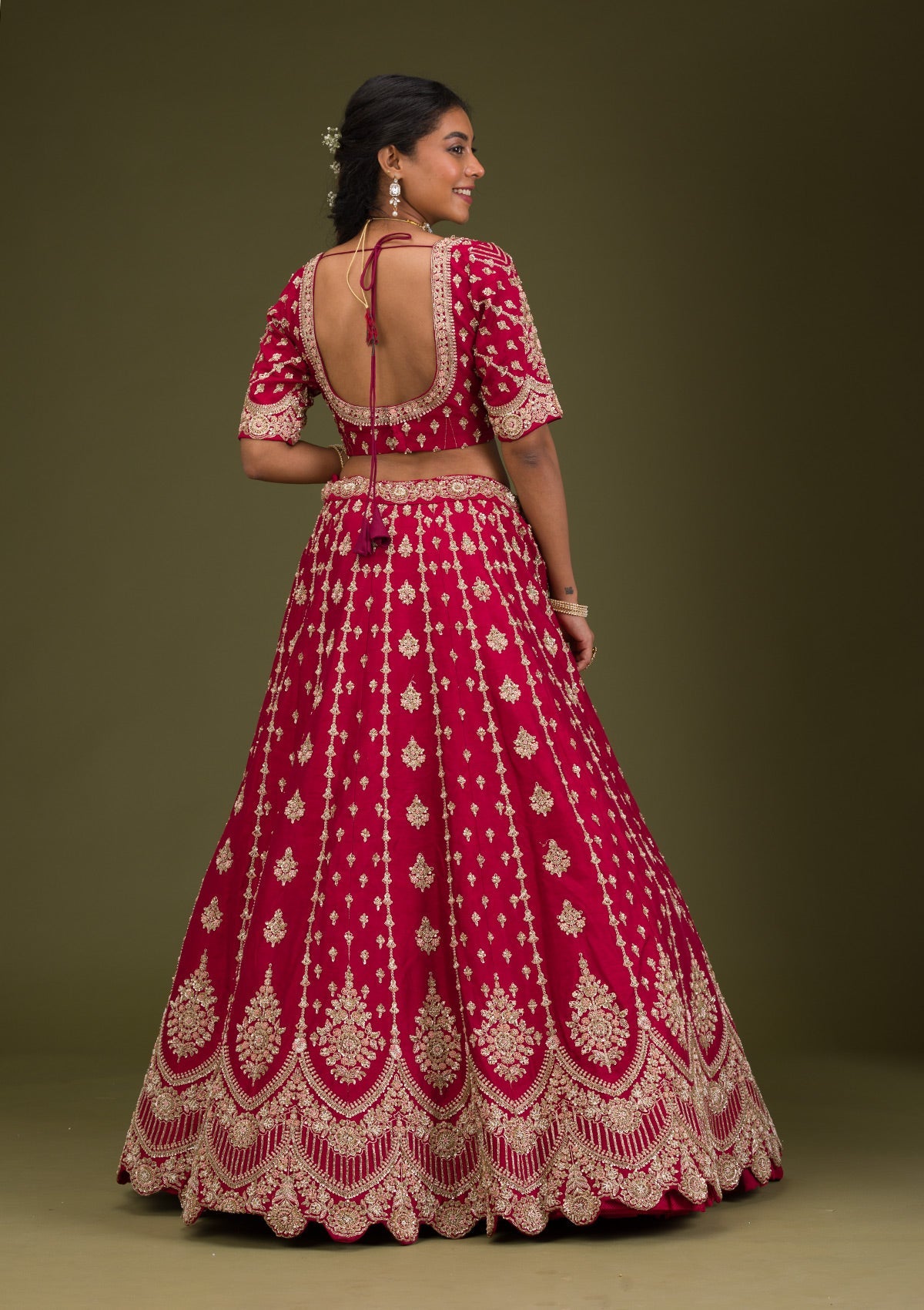Koskii Rani Pink Zardosi Raw Silk Readymade Lehenga - view 3