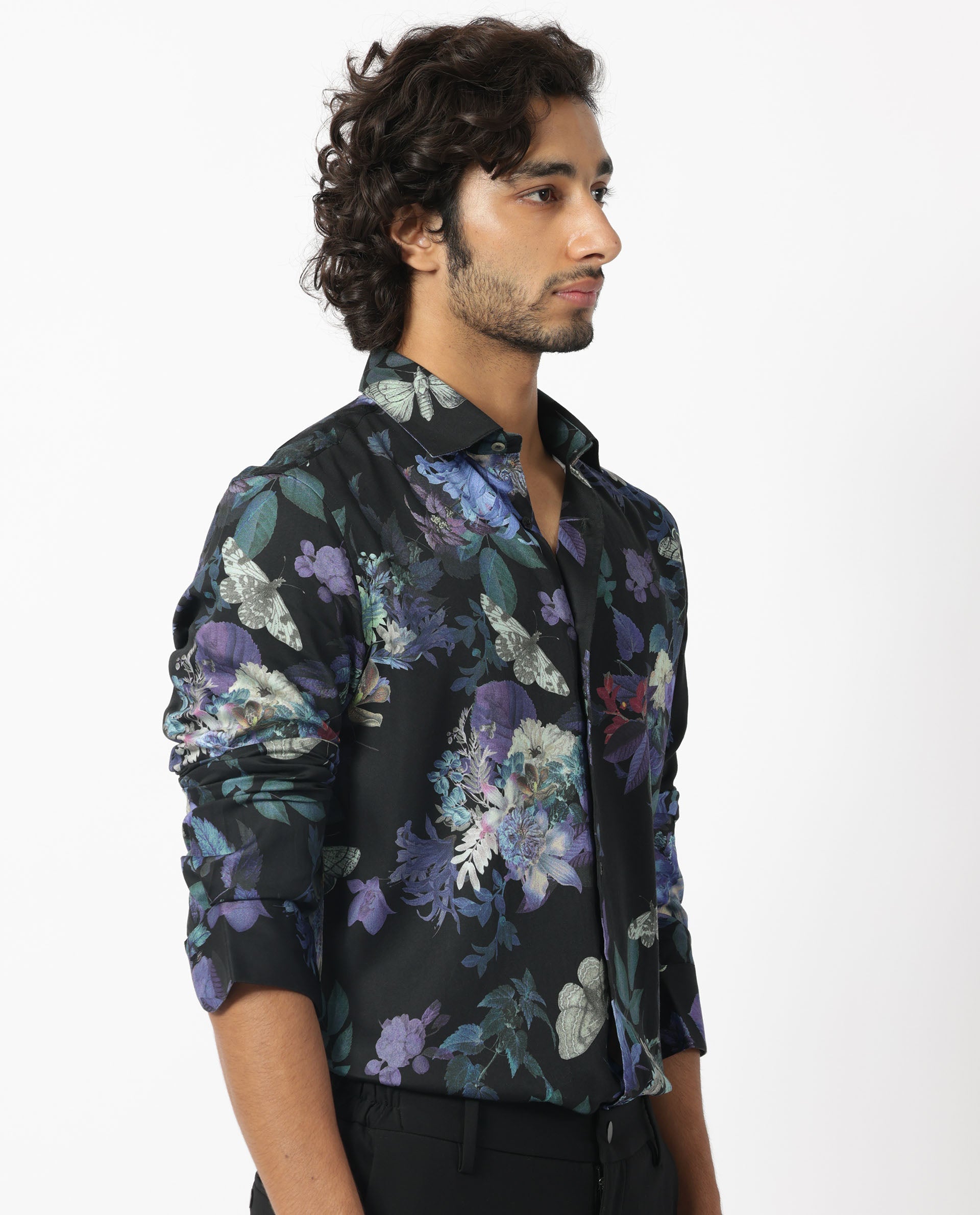 Rare Rabbit Men's Ease Black Cotton Modal Fabric Floral Print Full Sleeves Shirt - view 8