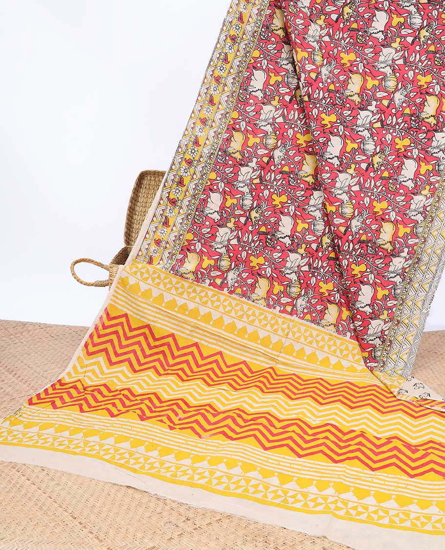 Pothys Red Pichwai cow machine-printed kalamkari cotton saree, contrast floral & chevron border &