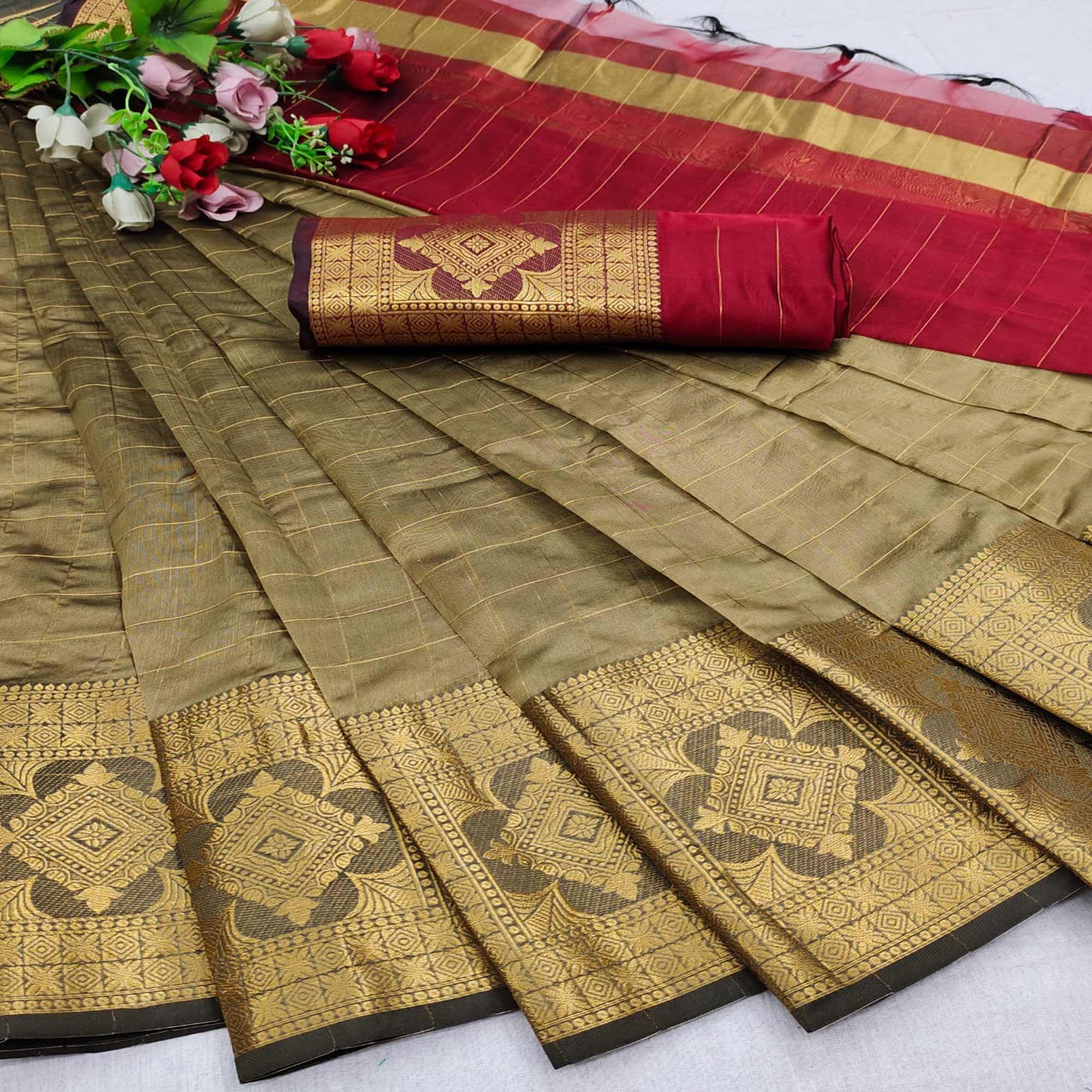 Peachmode Chikoo Woven Organza Saree – Women's