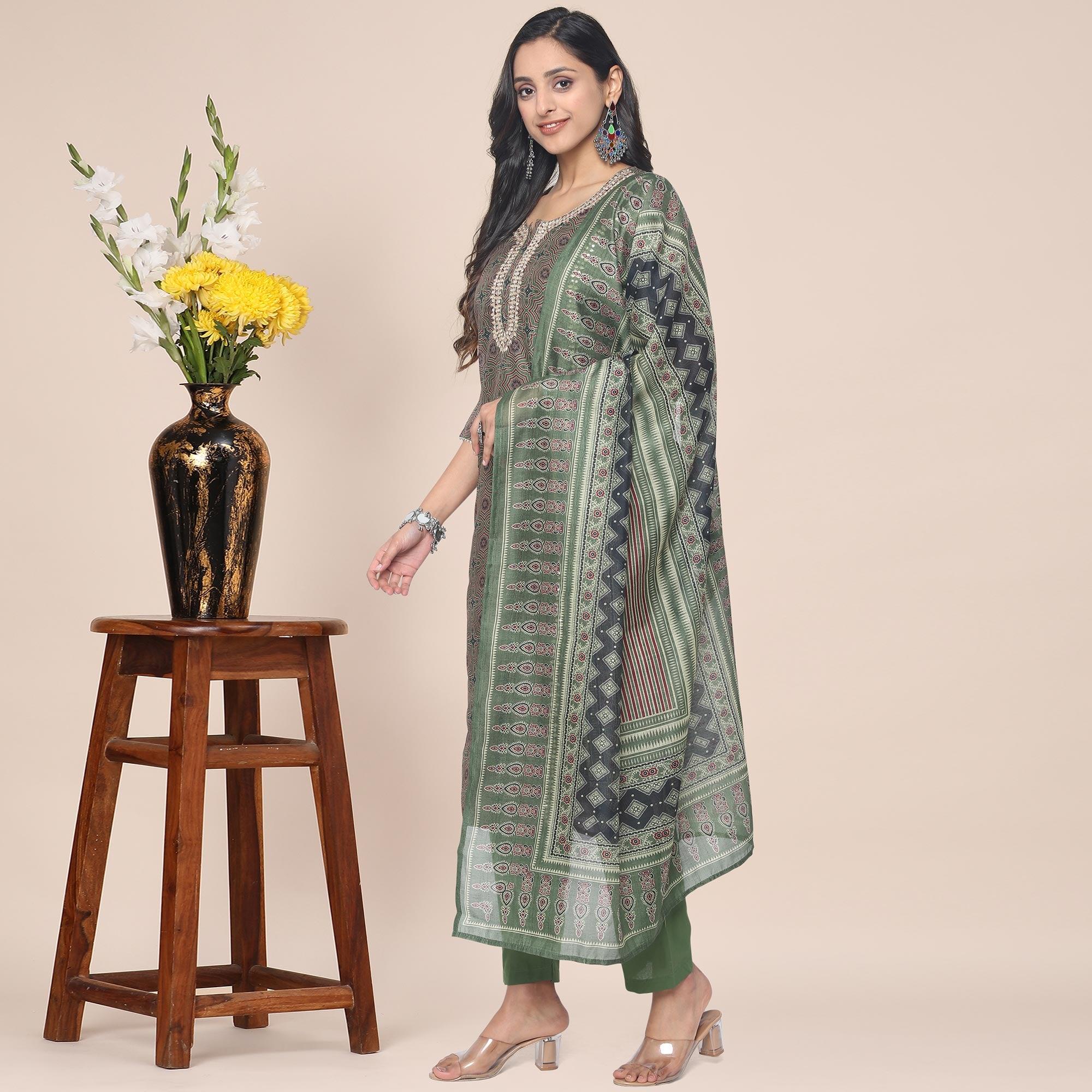 Peachmode Brown Partywear Printed With Gotta Patti cotton Kurti Pant Set With Dupatta - view 4