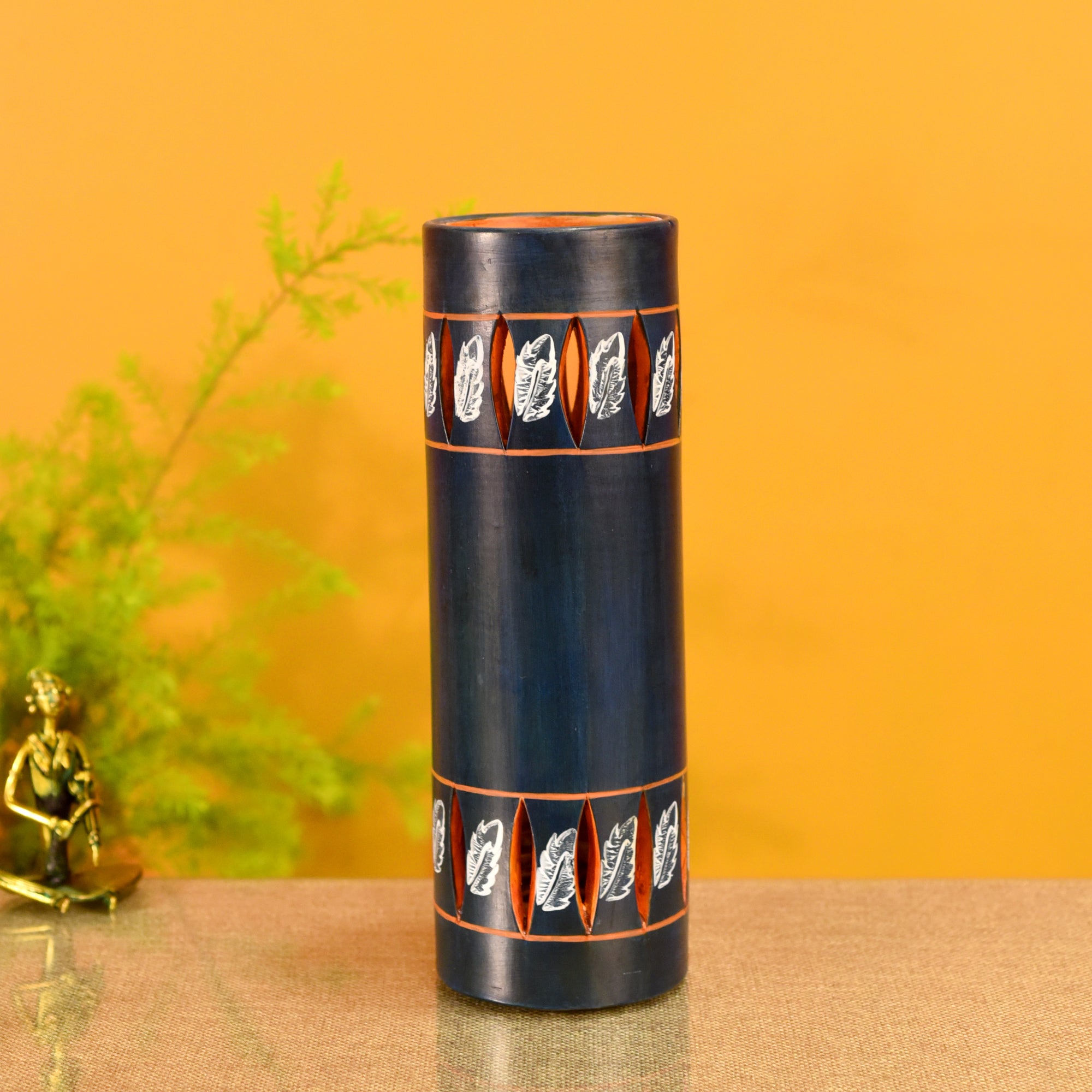 ART CREATIONS BY SUMAN SONTHALIA Autumn Leaf Handpainted Tubular Earthen Vase