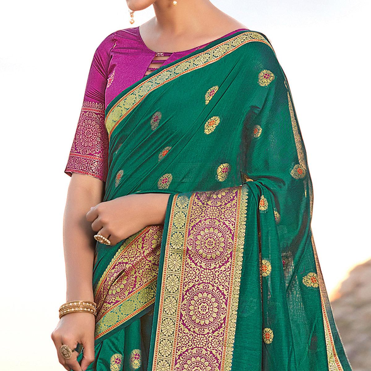 Peachmode Entrancing Green Colored Festive Wear Woven Cotton Handloom Saree - view 2