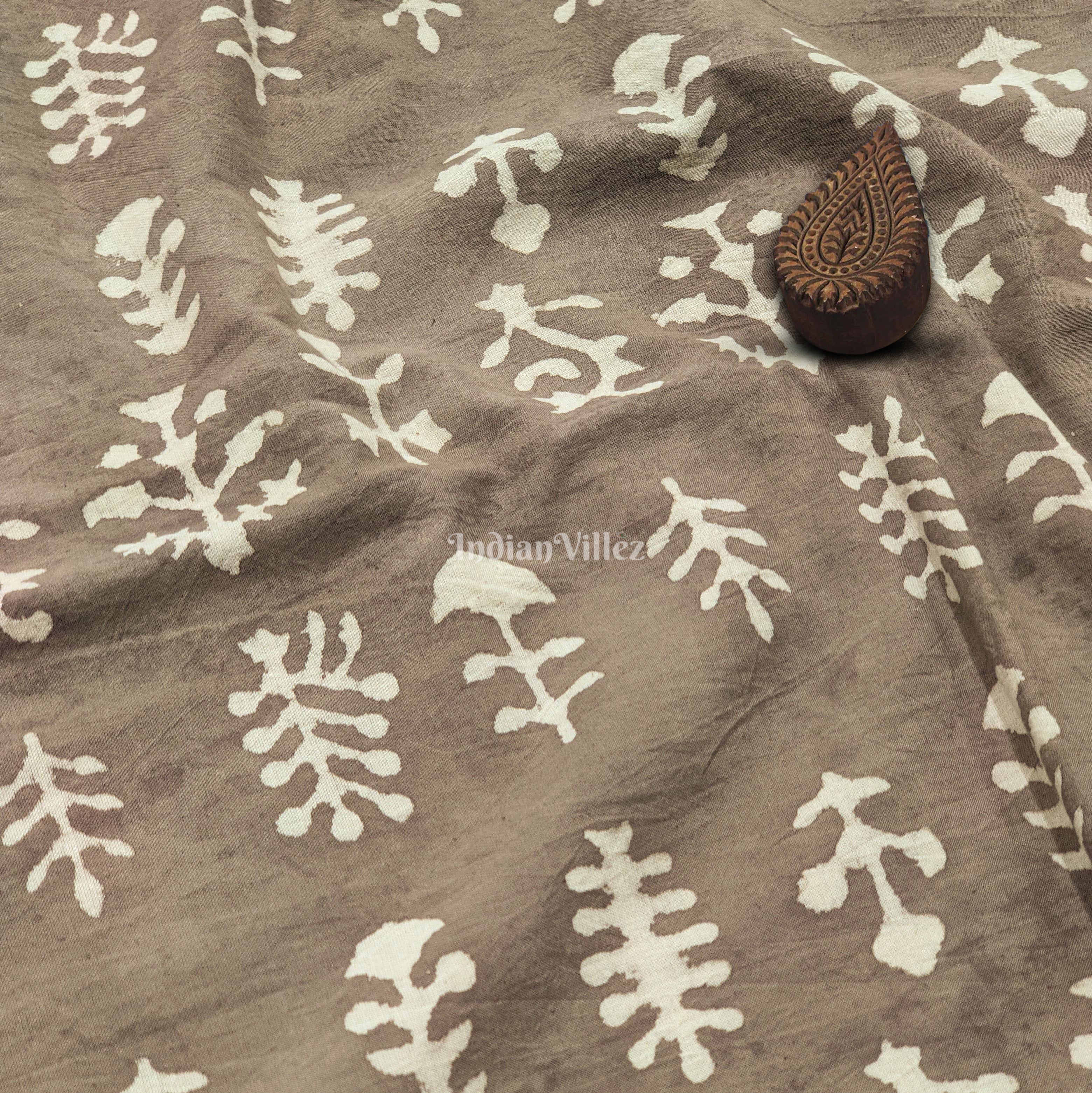 IndianVillèz Gray Floral Hand Block Printed Cotton Fabric