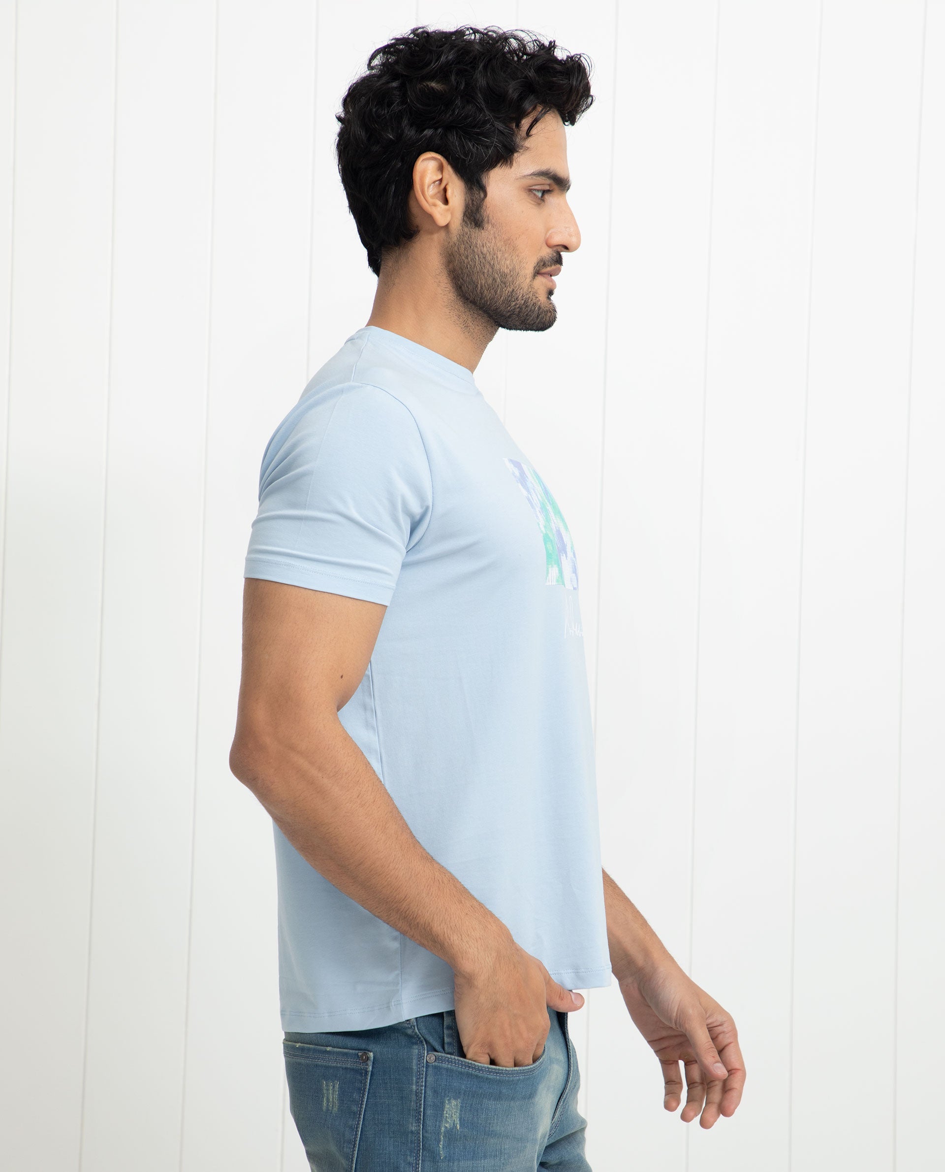 Rare Rabbit Men's Reed Blue Crew Neck Abstract Print With Branding Half Sleeves Slim Fit T-Shirt - view 6