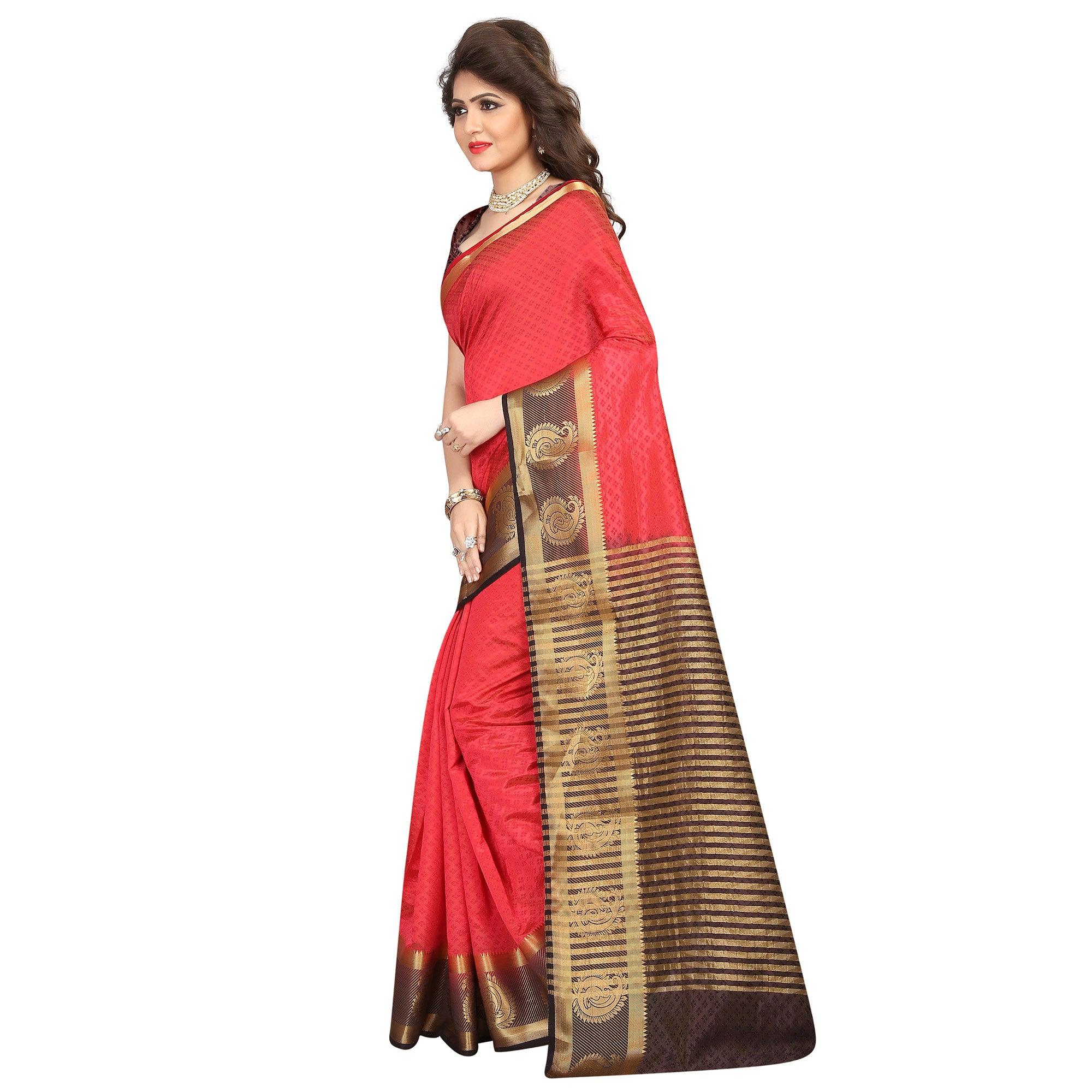 Peachmode Breathtaking Red Colored Festive Wear Woven Cotton Silk Saree - view 3