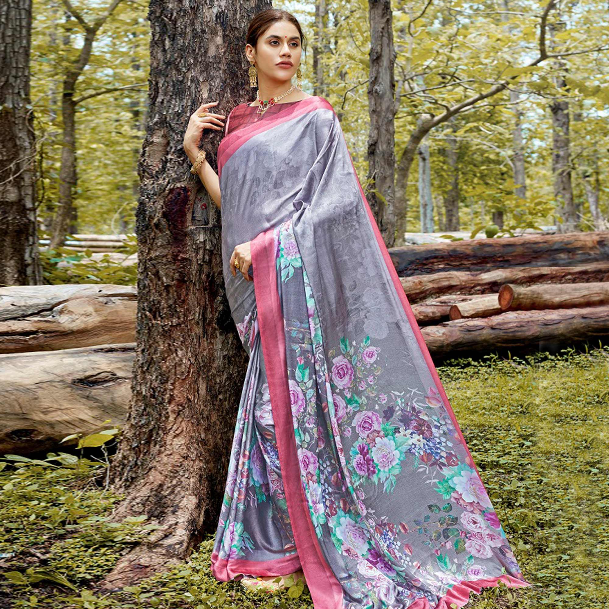 Peachmode Desirable Gray Colored Casual Digital Printed Satin Crepe Saree