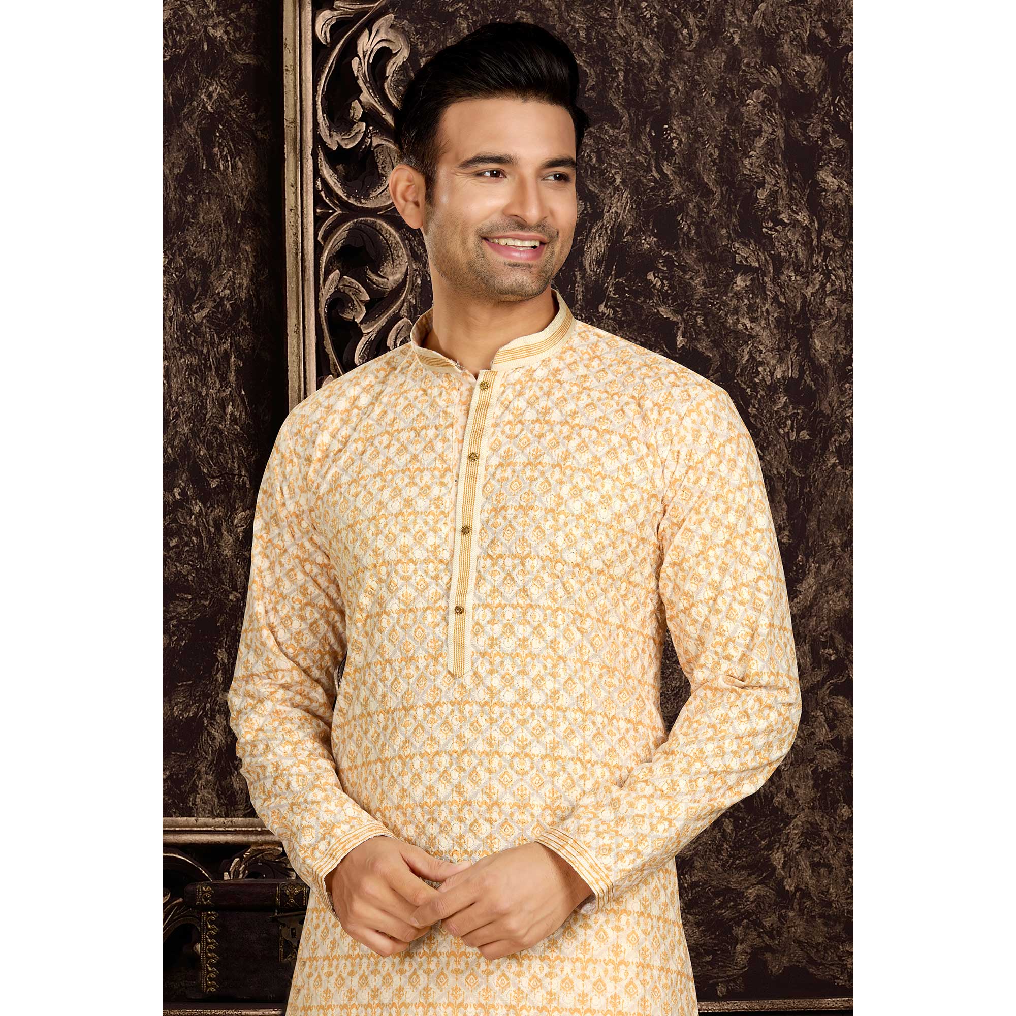 Peachmode Seller Light Yellow Lucknowi And Digital Printed Cotton Kurta Pyjama Set - view 5
