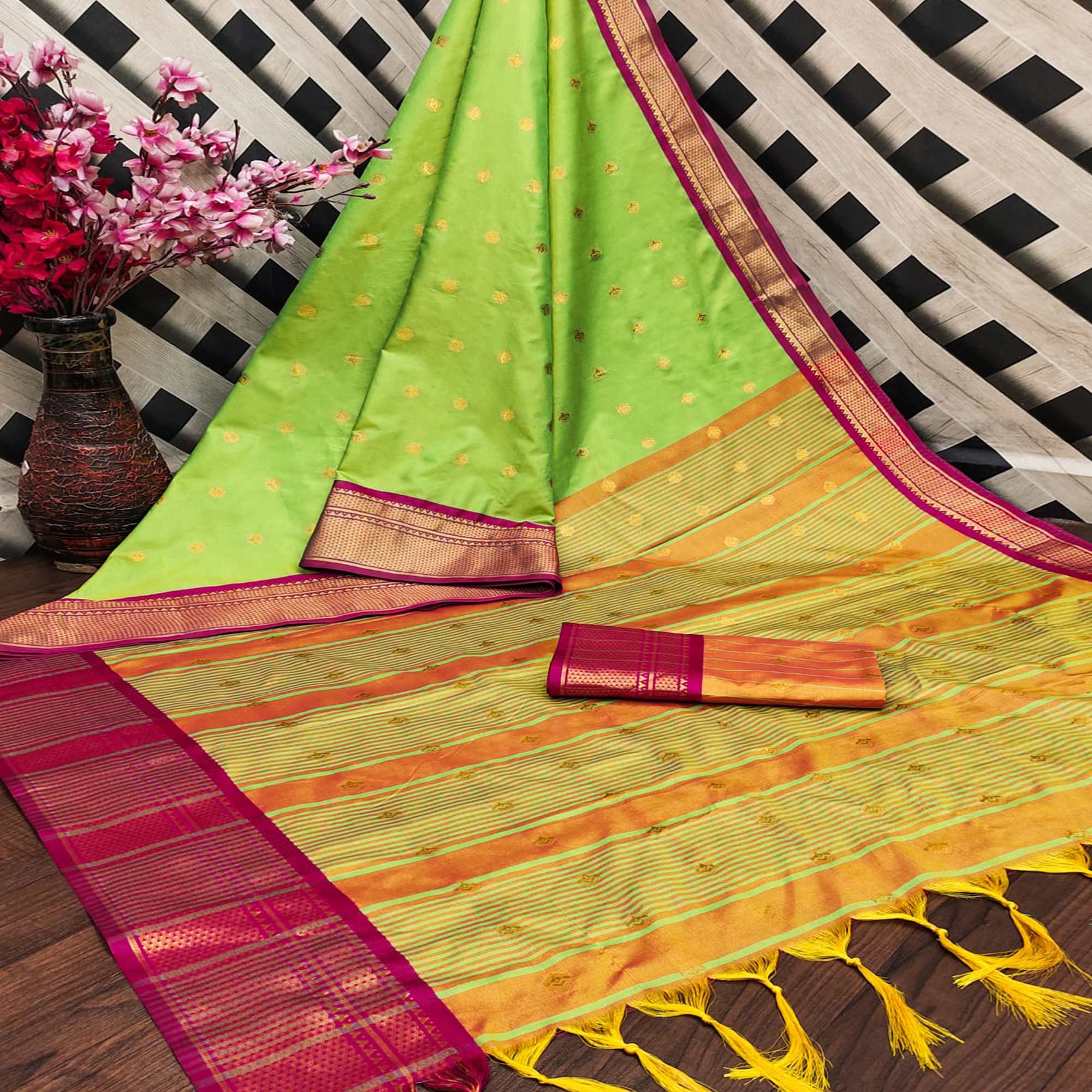 Green sarees – BlackTree green-zari-woven-lichi-art-silk-saree-with-tassels