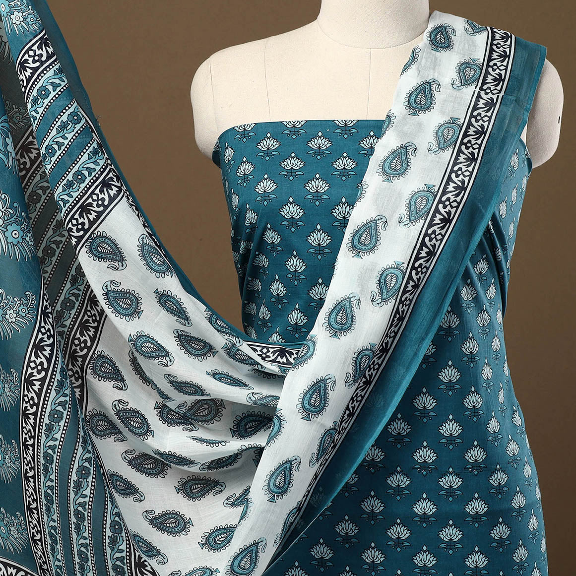 ARTISAN HAND BLOCK PRINTS Blue - 3pc Sanganeri Block Print Cotton Dress Material 11 - view 3