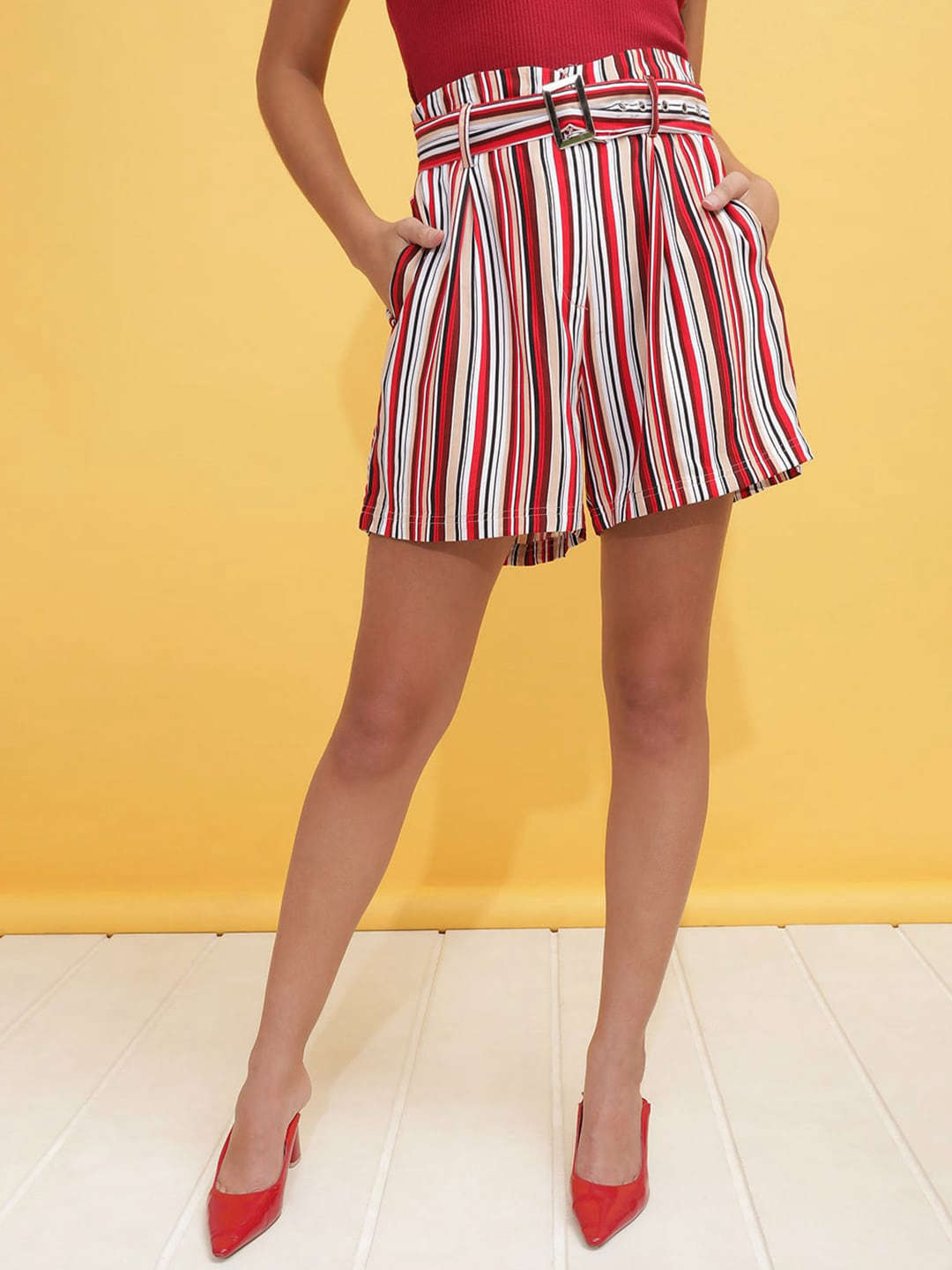 Freehand By The Indian Garage Co Women Striped Belted Shorts