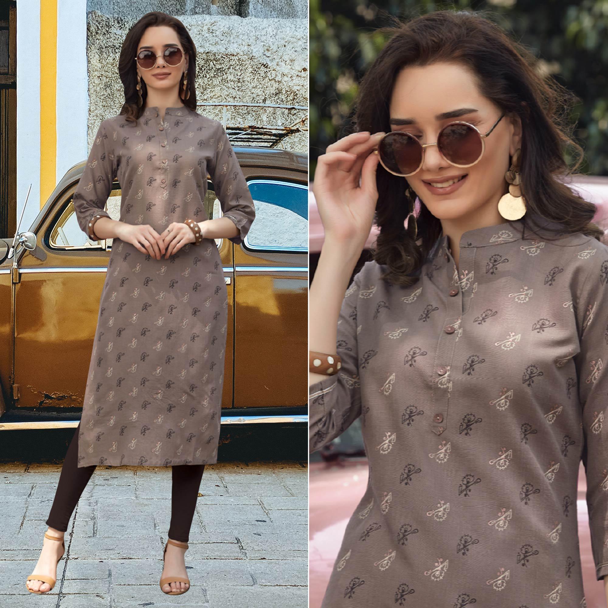 Peachmode Seller Grey Printed Cotton Blend Kurti
