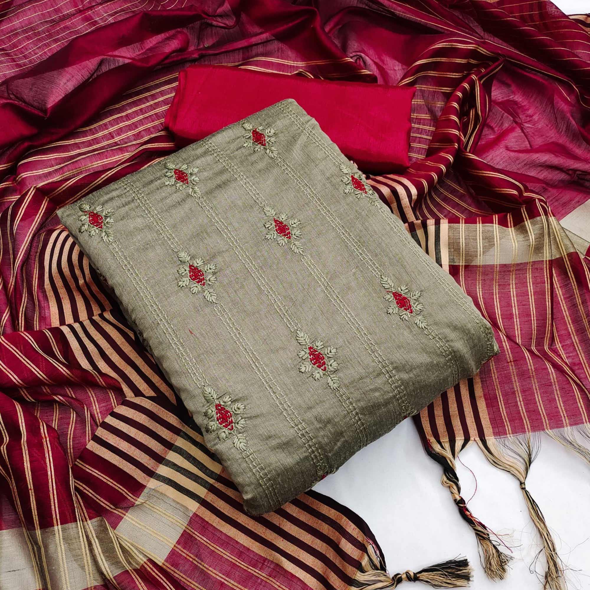 Peachmode Dark Chikoo Casual Wear Embroidered Chanderi Dress Material