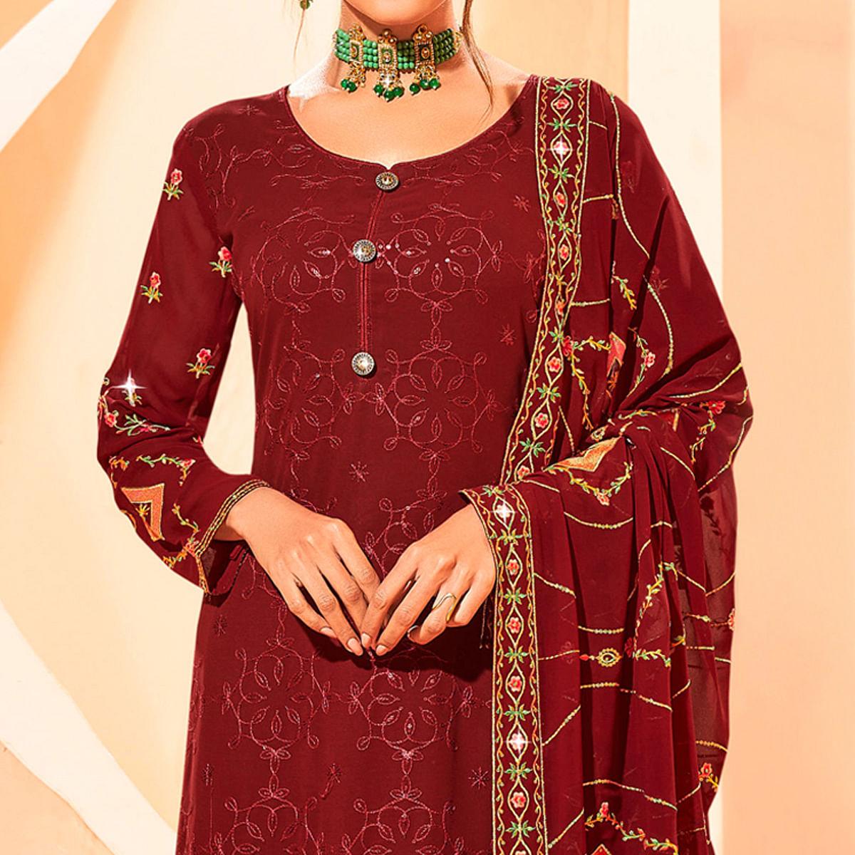 Peachmode Maroon Partywear Embellished With Embroidered Georgette Palazzo Suit - view 3