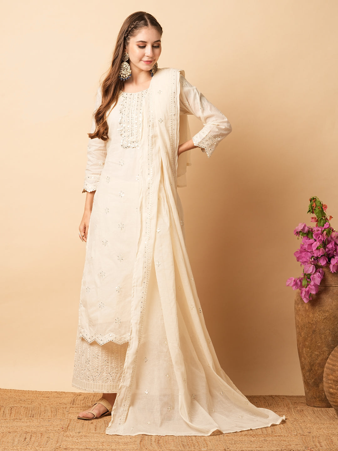 Fashor Solid Foil Mirror Embroidered Straight Kurta with Pant & Dupatta - Off White