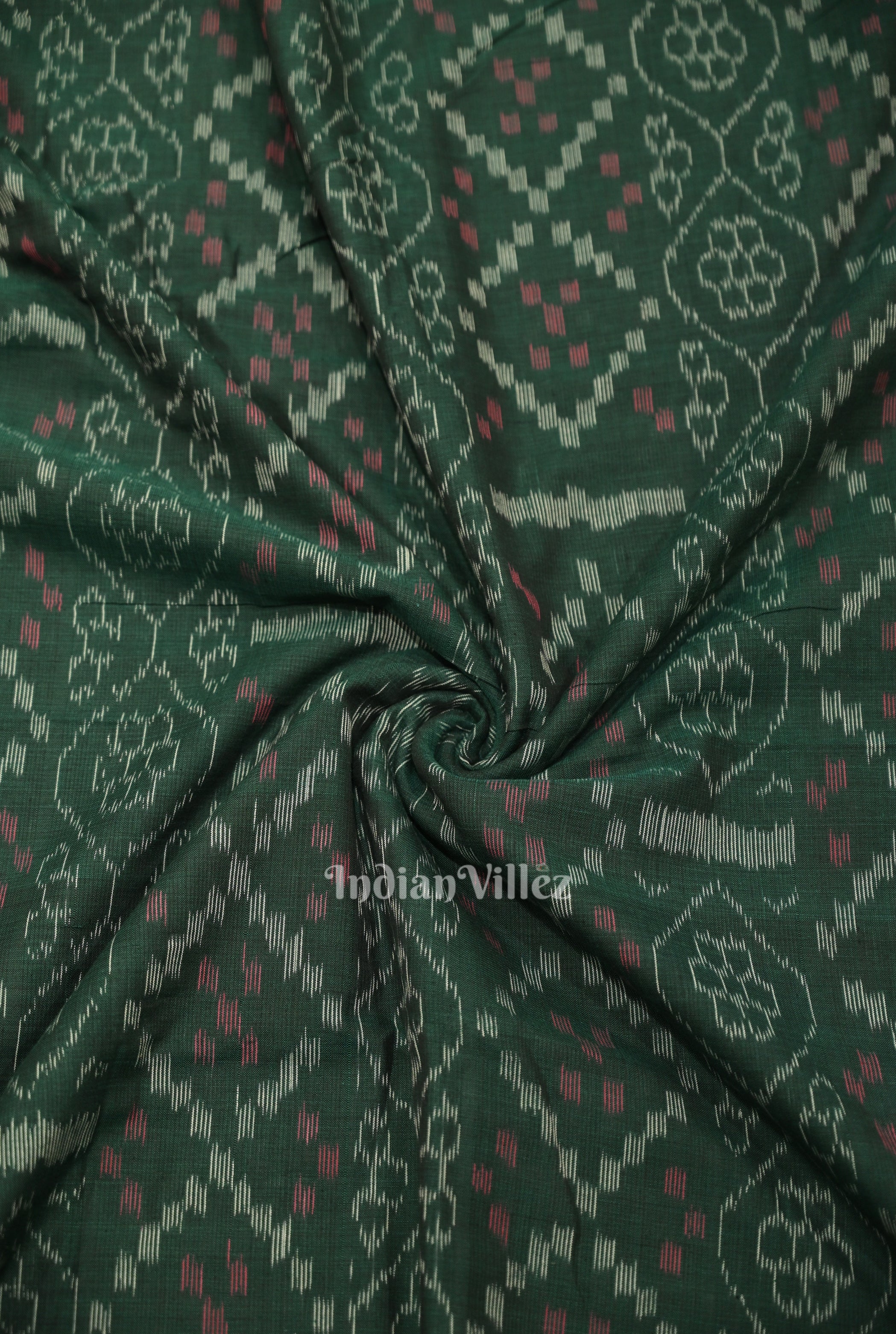 IndianVillèz Green Flower Pasapali Design Sambalpuri Odisha Ikat Cotton Fabric