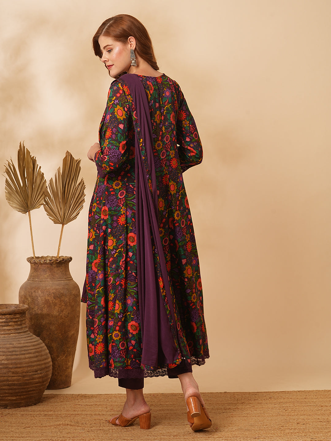 Fashor Floral Printed Mirror Embroidered Anarkali with Pant & Dupatta - Purple - view 6