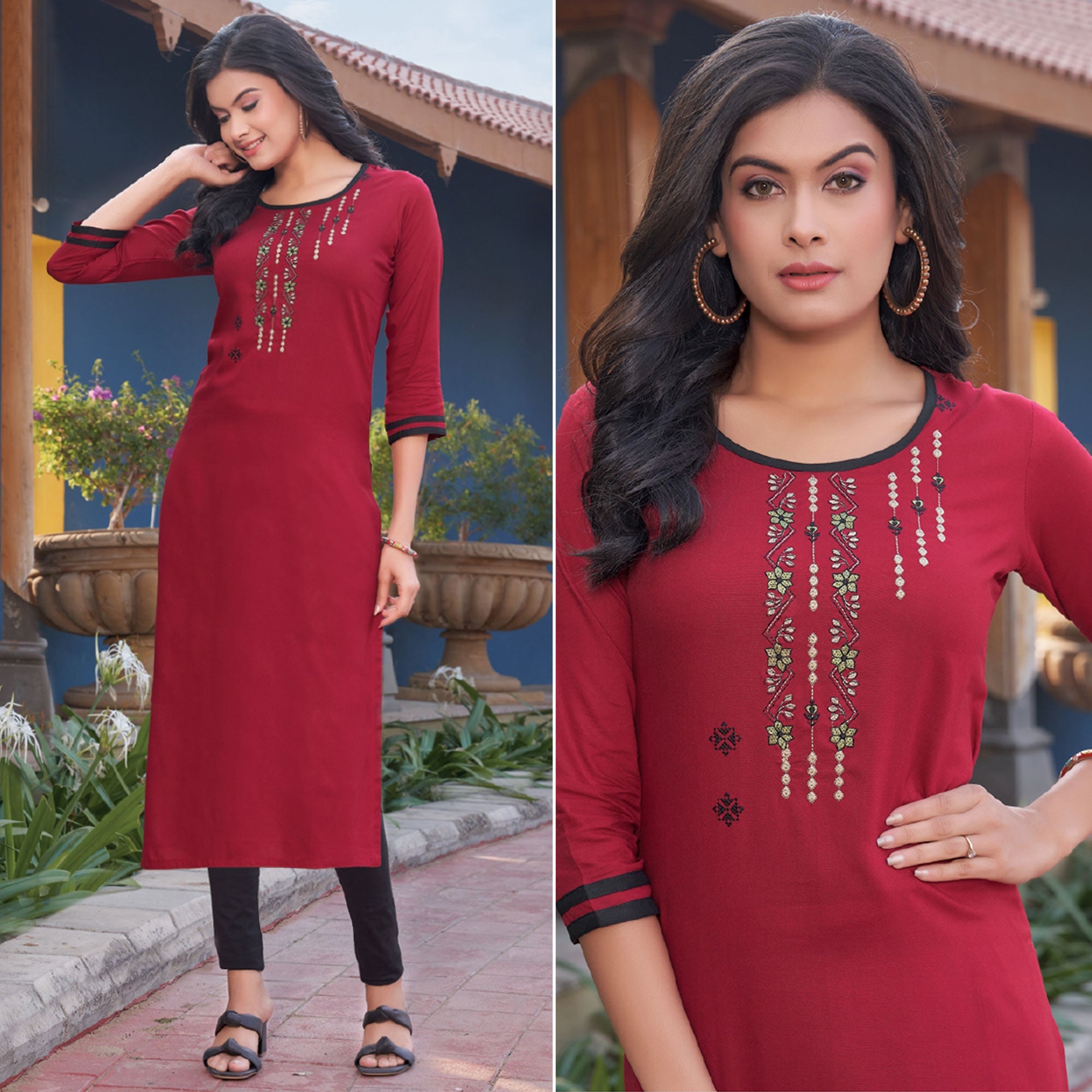 Peachmode Seller Maroon Embroidered Rayon Kurti