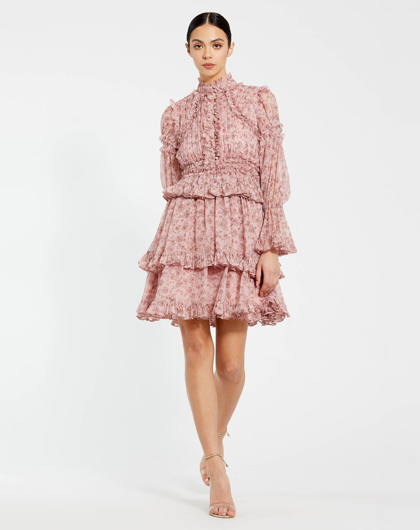 Mac Duggal 17002 Long Sleeve Floral Print Cocktail Mini Dress