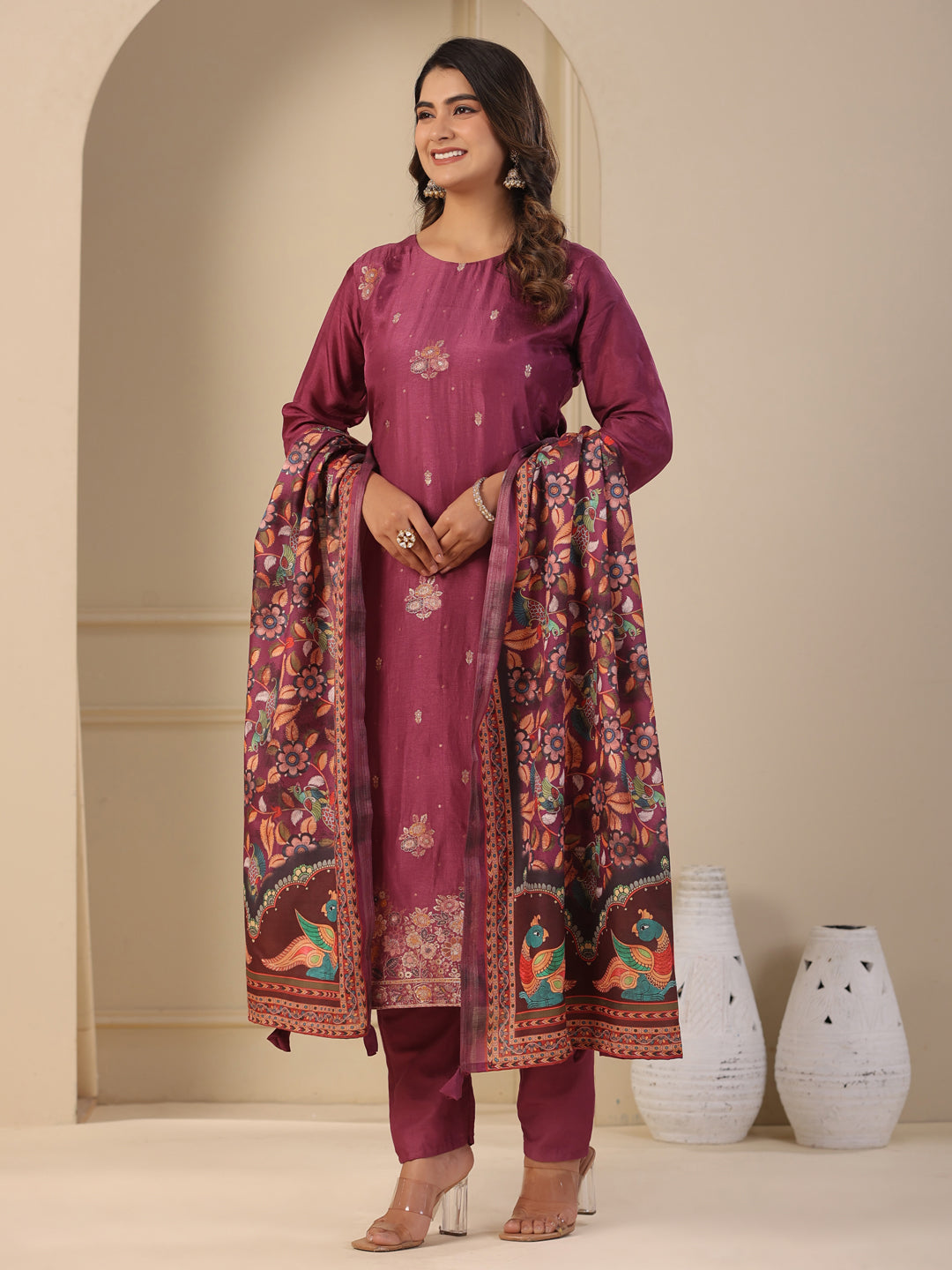 Fashor Ethnic Jacquard Woven Straight Kurta with Pant & Dupatta - Purple - view 5