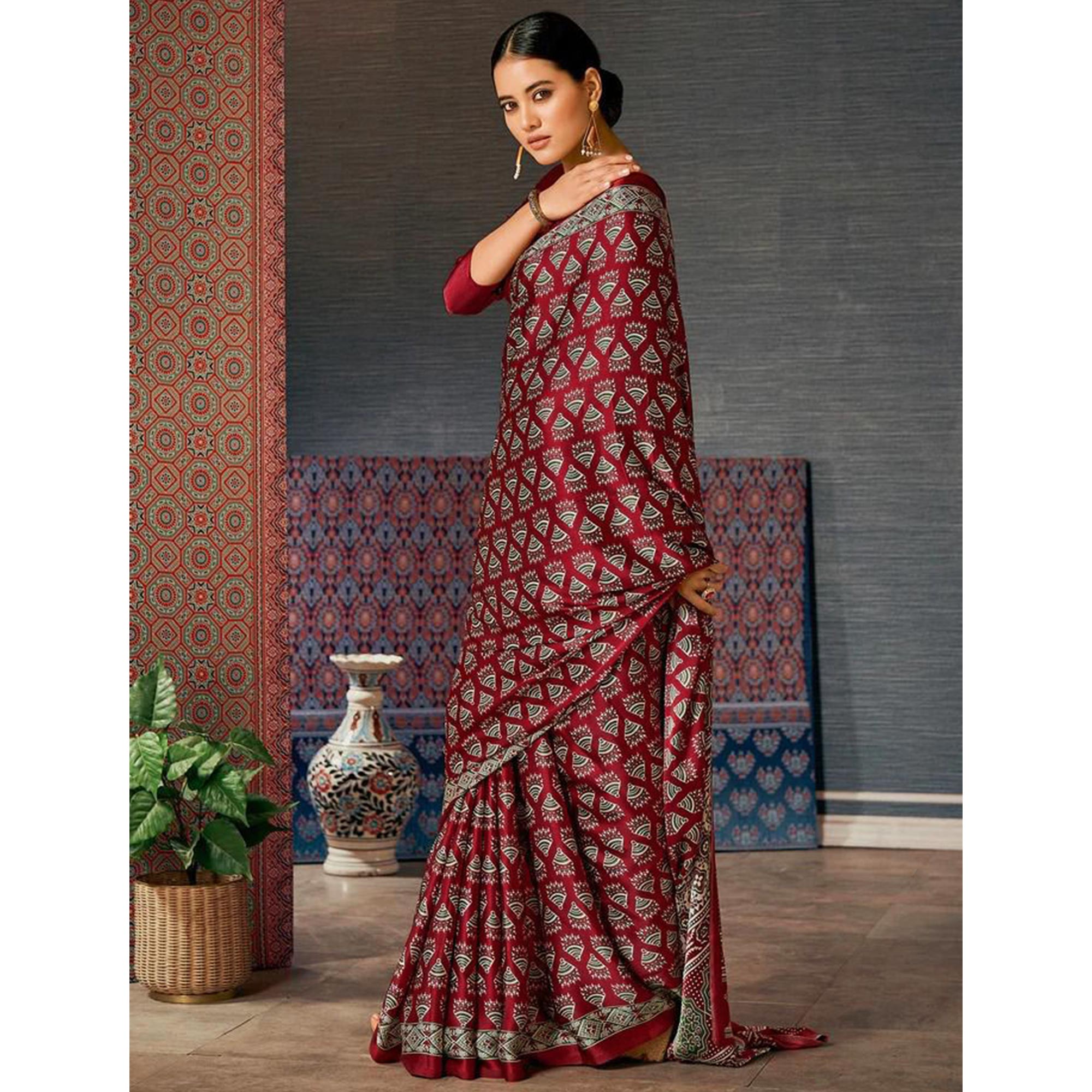 Peachmode Dark Maroon Ajrakh Printed Satin Saree - view 3
