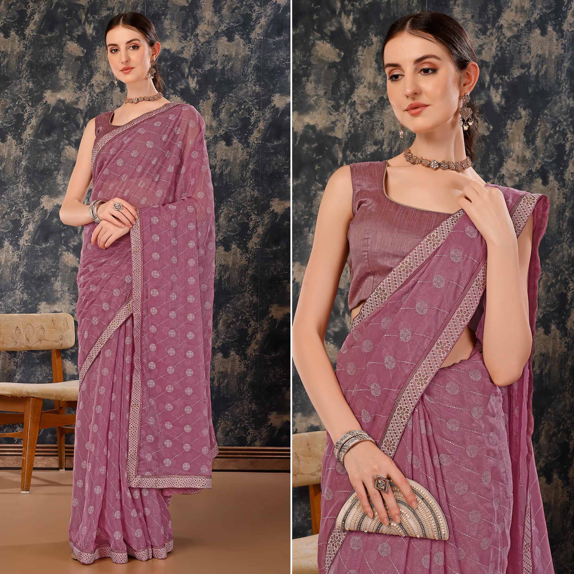 Peachmode Mauve Printed Chiffon Saree With Lace Border
