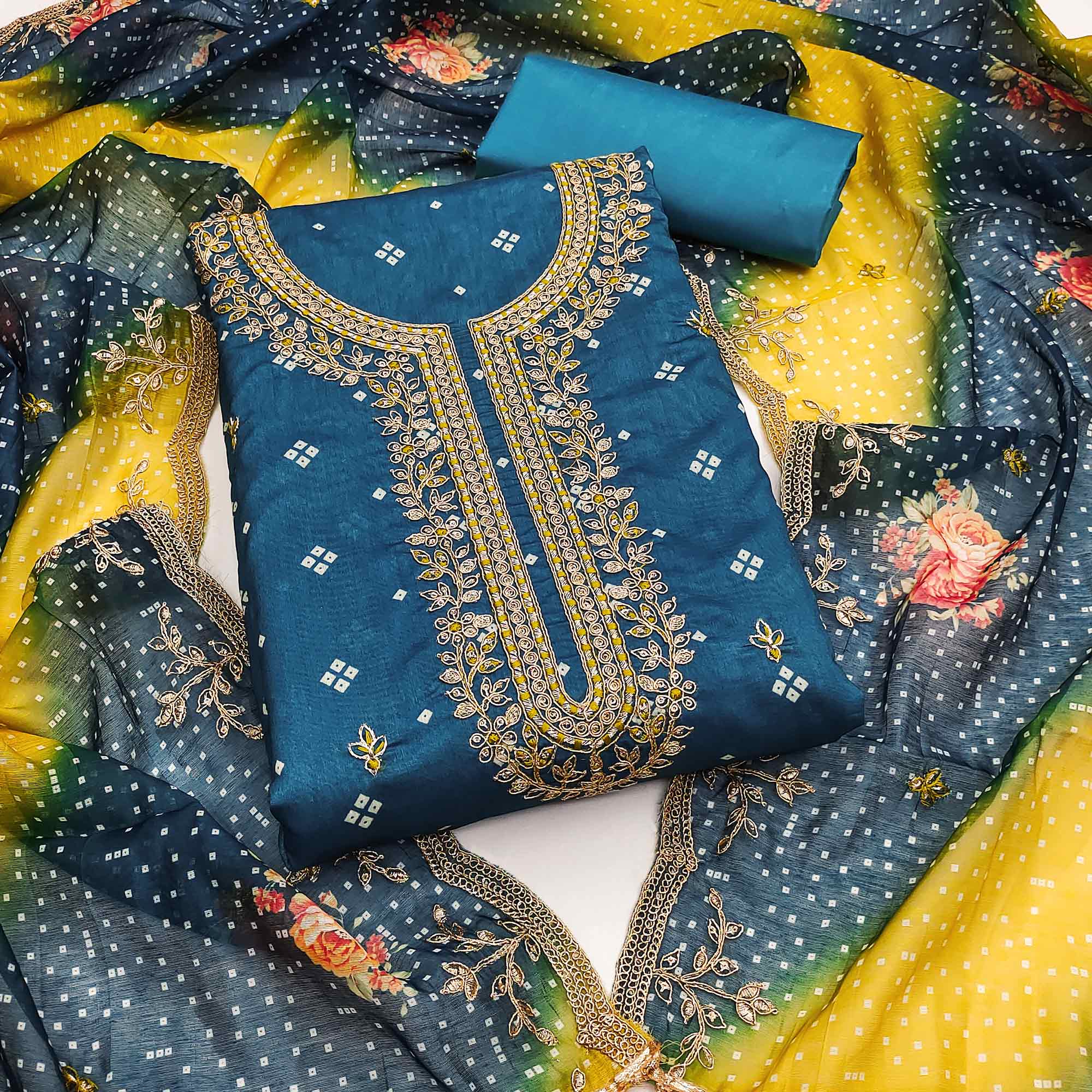 Peachmode Blue Sequins Embroidered With Printed Organza Dress Material