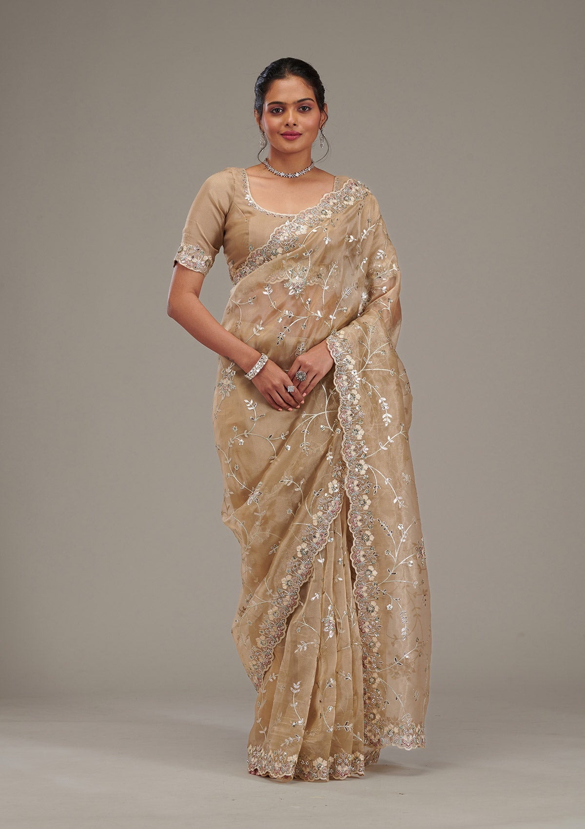 Koskii Beige Zariwork Tissue Saree – Women's