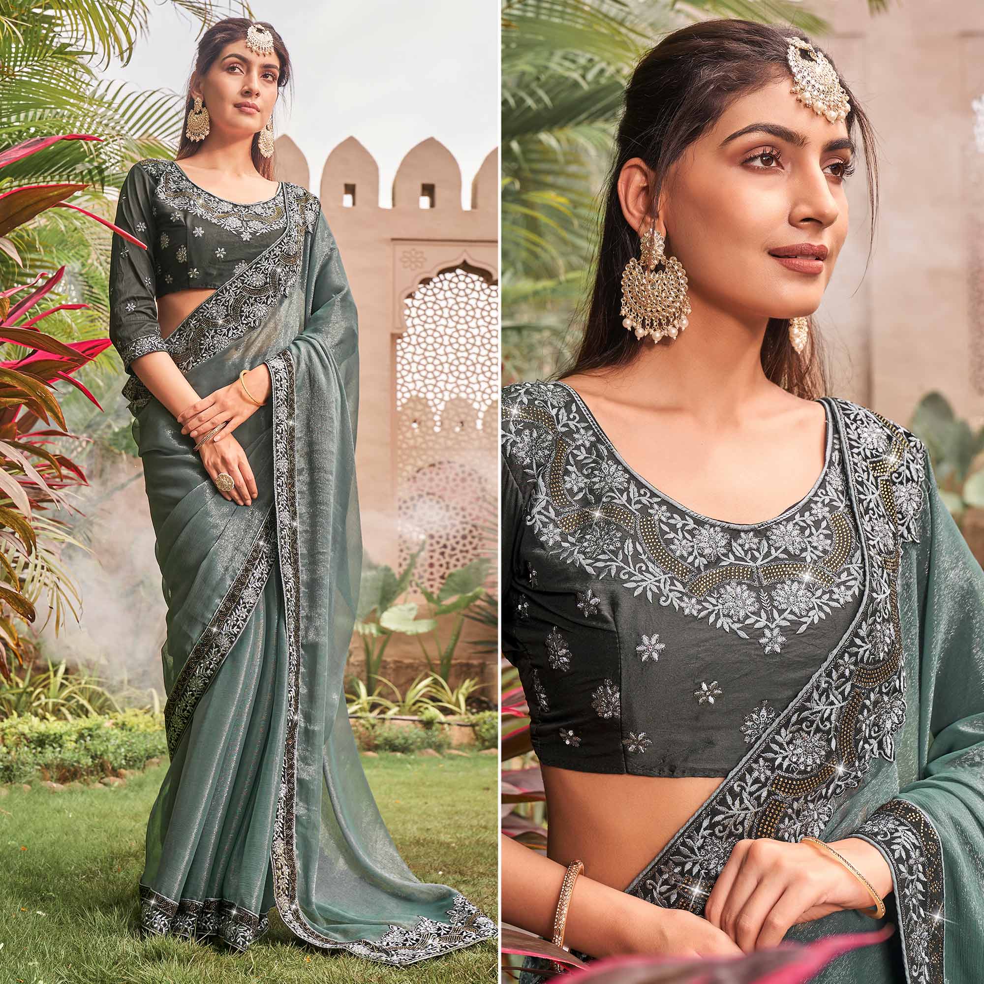 Peachmode Grey Solid With Embroidered Border Chiffon Saree