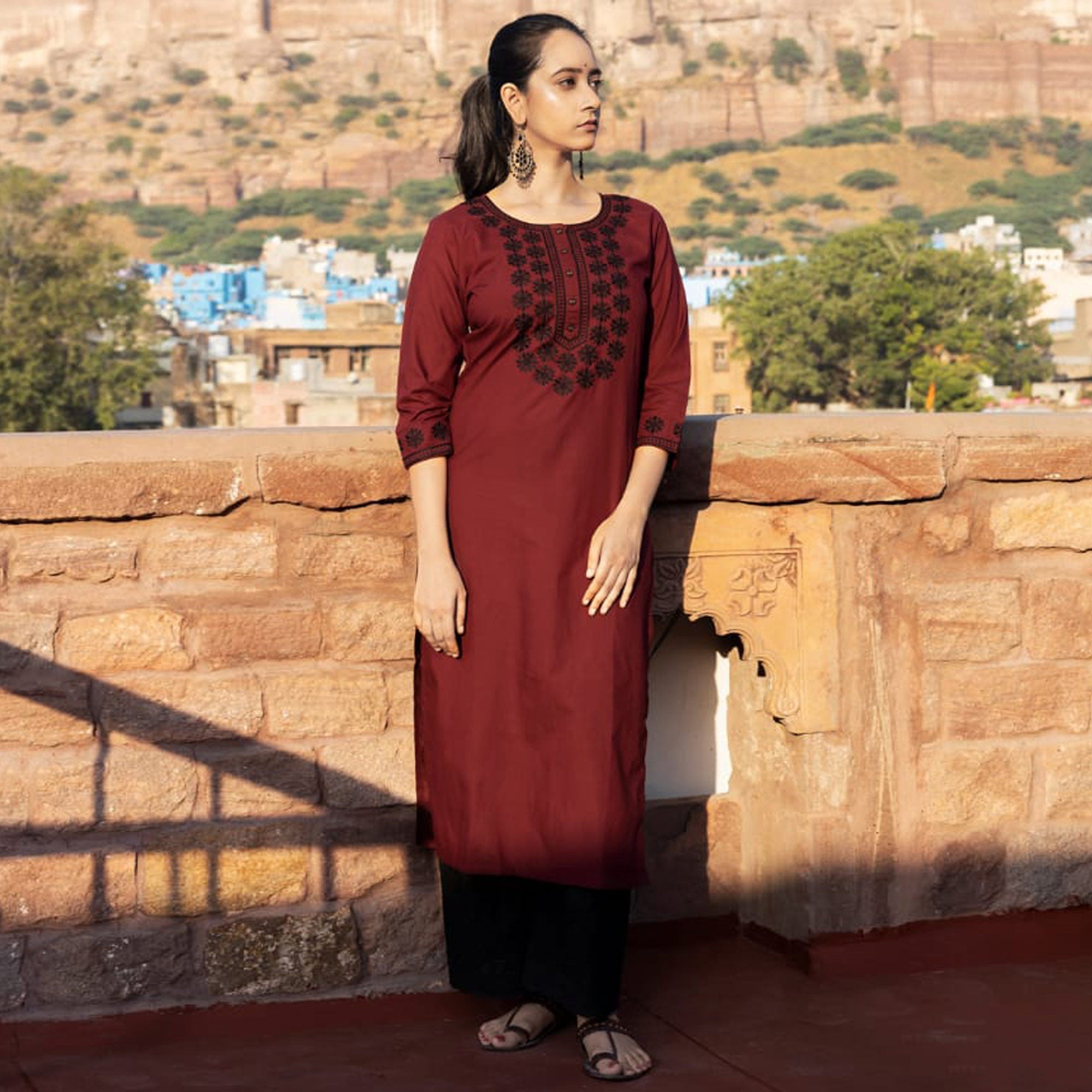 Peachmode Seller Maroon Embroidered Cotton Silk Kurti