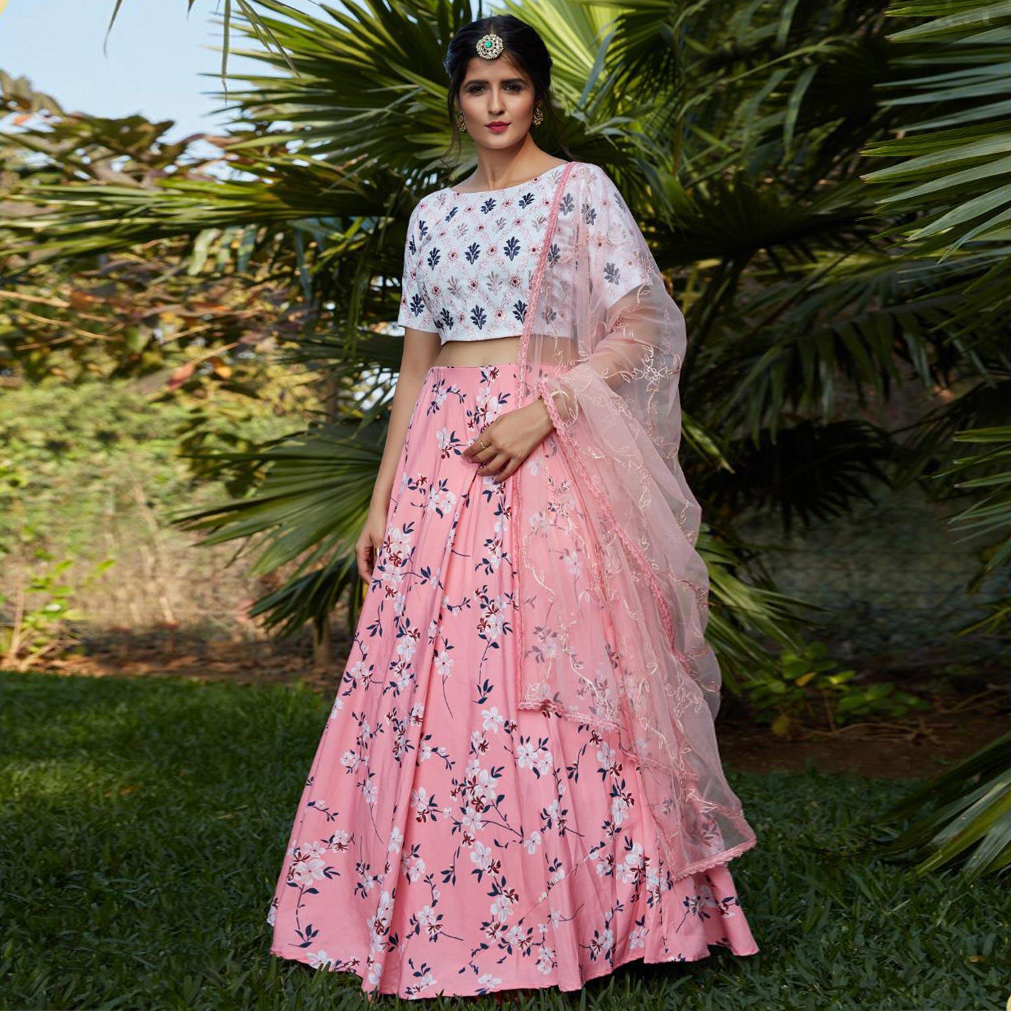 Peachmode Classy Pink-White Colored Floral Printed Partywear Silk Crepe Lehenga Choli