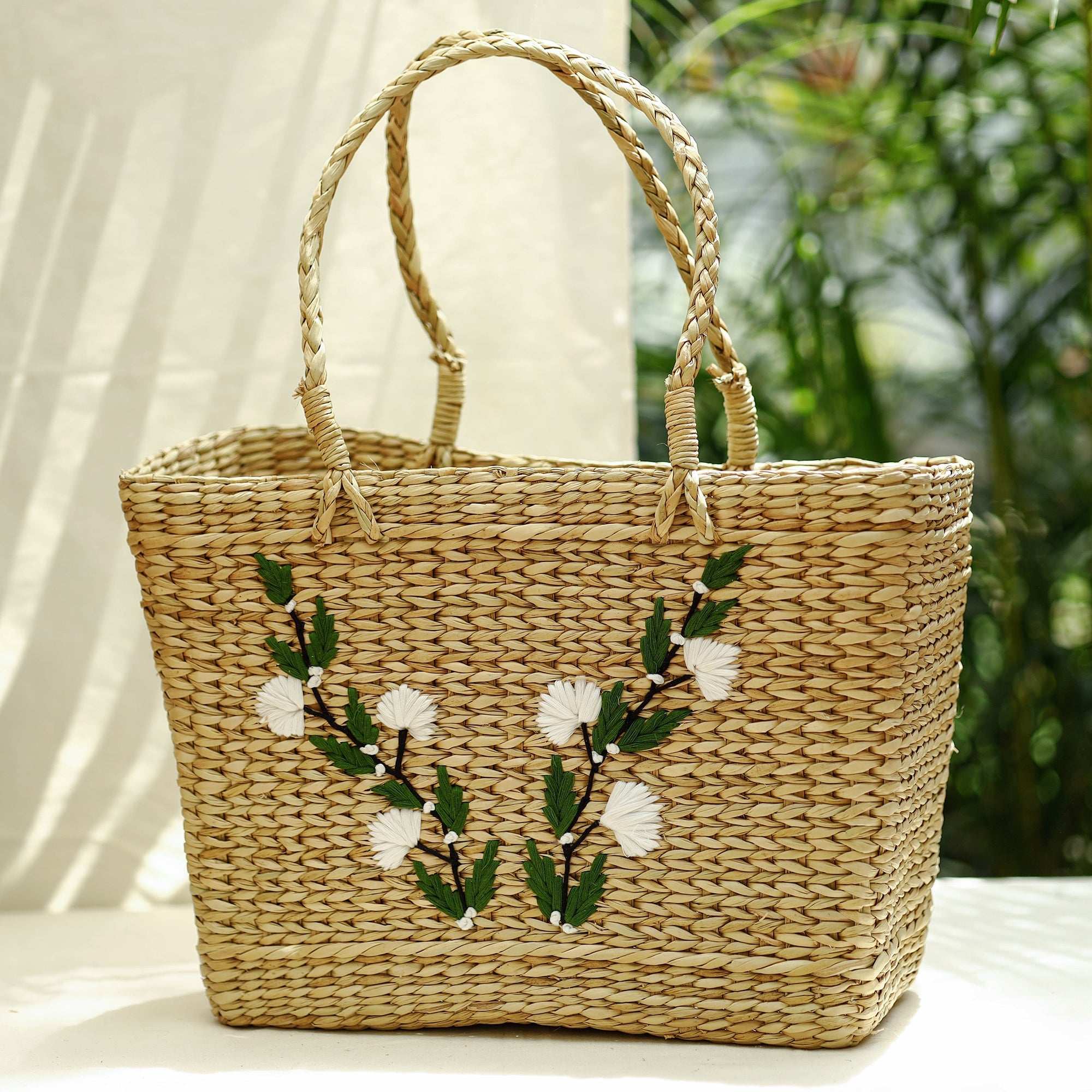 ITOKRI CRAFTS INITIATIVE Beige - Handcrafted Natural Water Reed Embroidered Shopping Bag