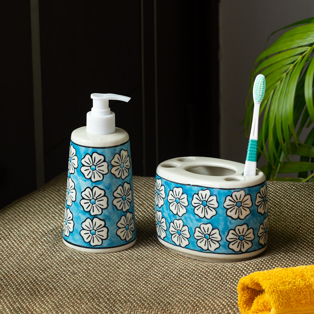 EXCLUSIVELANE 'Turquoise Mogra' Handpainted Bathroom Accessory Set In Ceramic (Liquid Soap Dispenser, Toothbrush Holder)