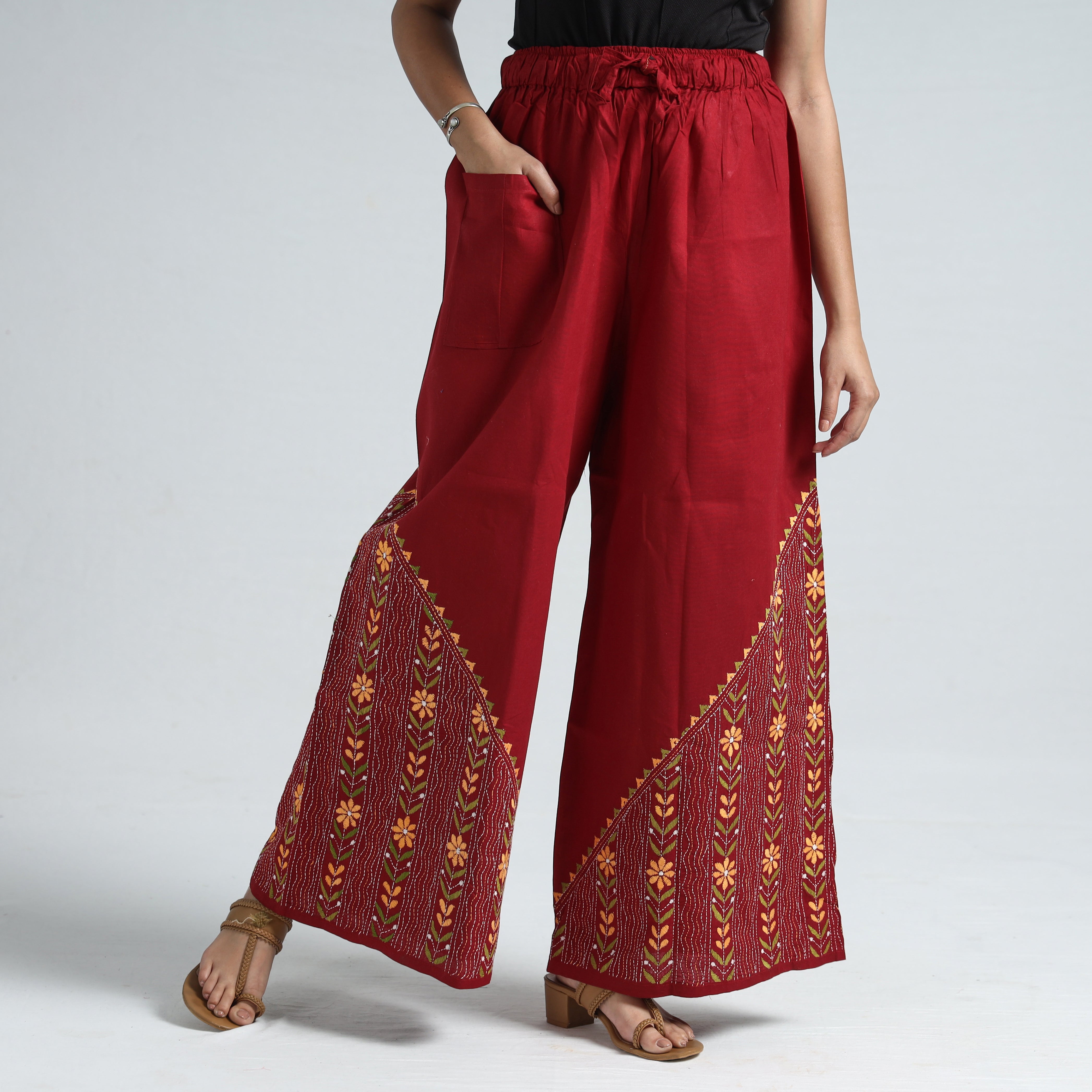 ASALKAAR Red - Bengal Kantha Embroidery Cotton Palazzo 71